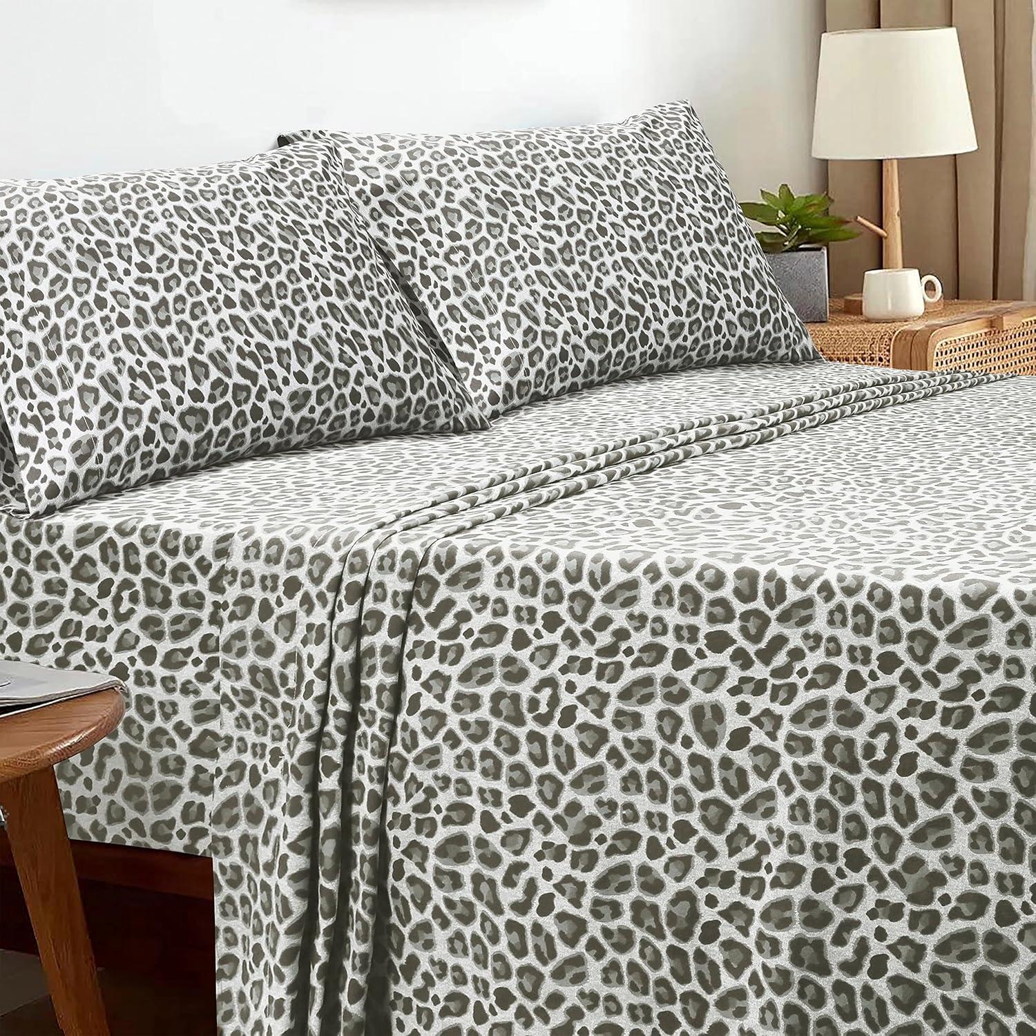 Leopard Grey Full Cotton Percale Deep Pocket Bed Sheet Set