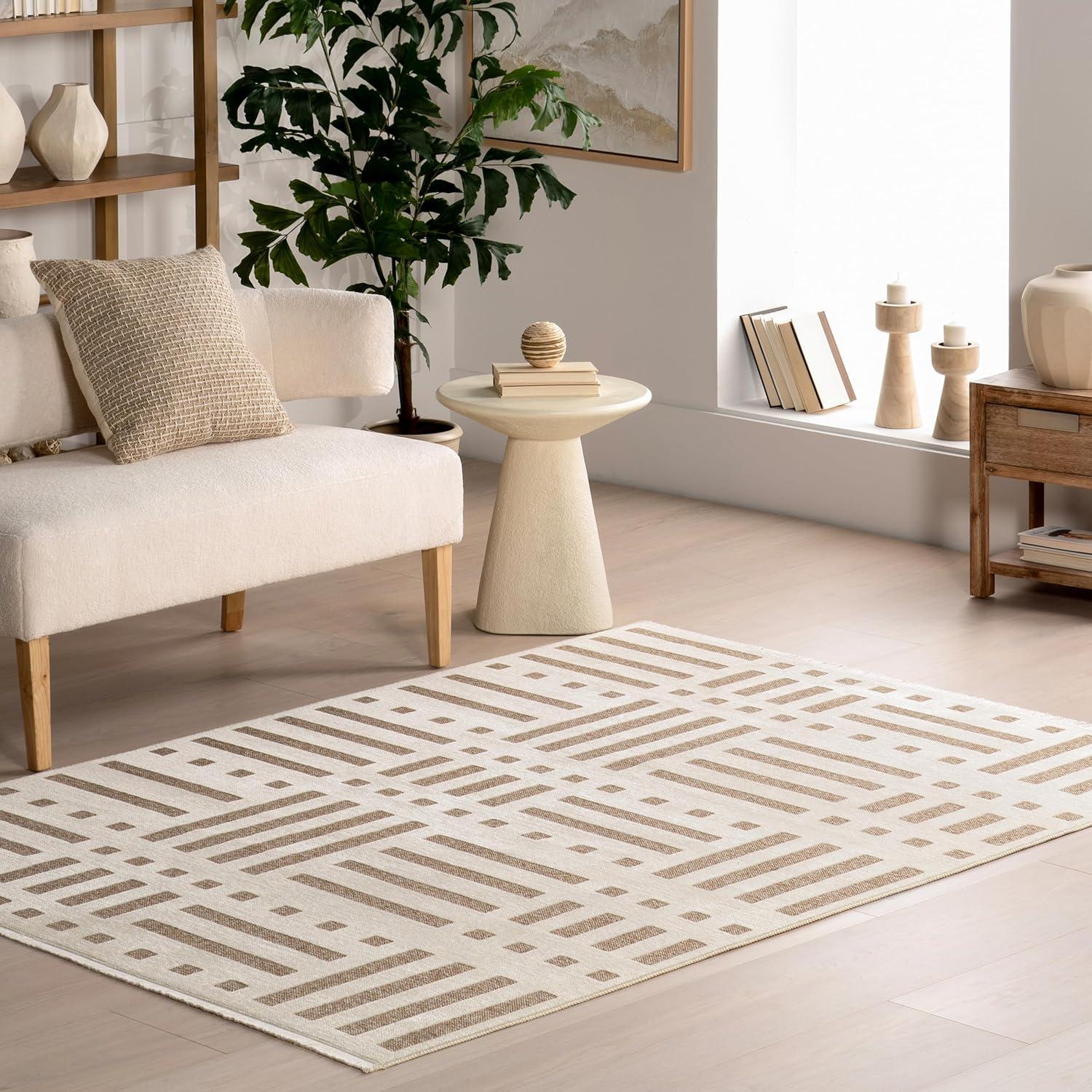 Mina Beige and Brown Geometric Reversible Washable Area Rug