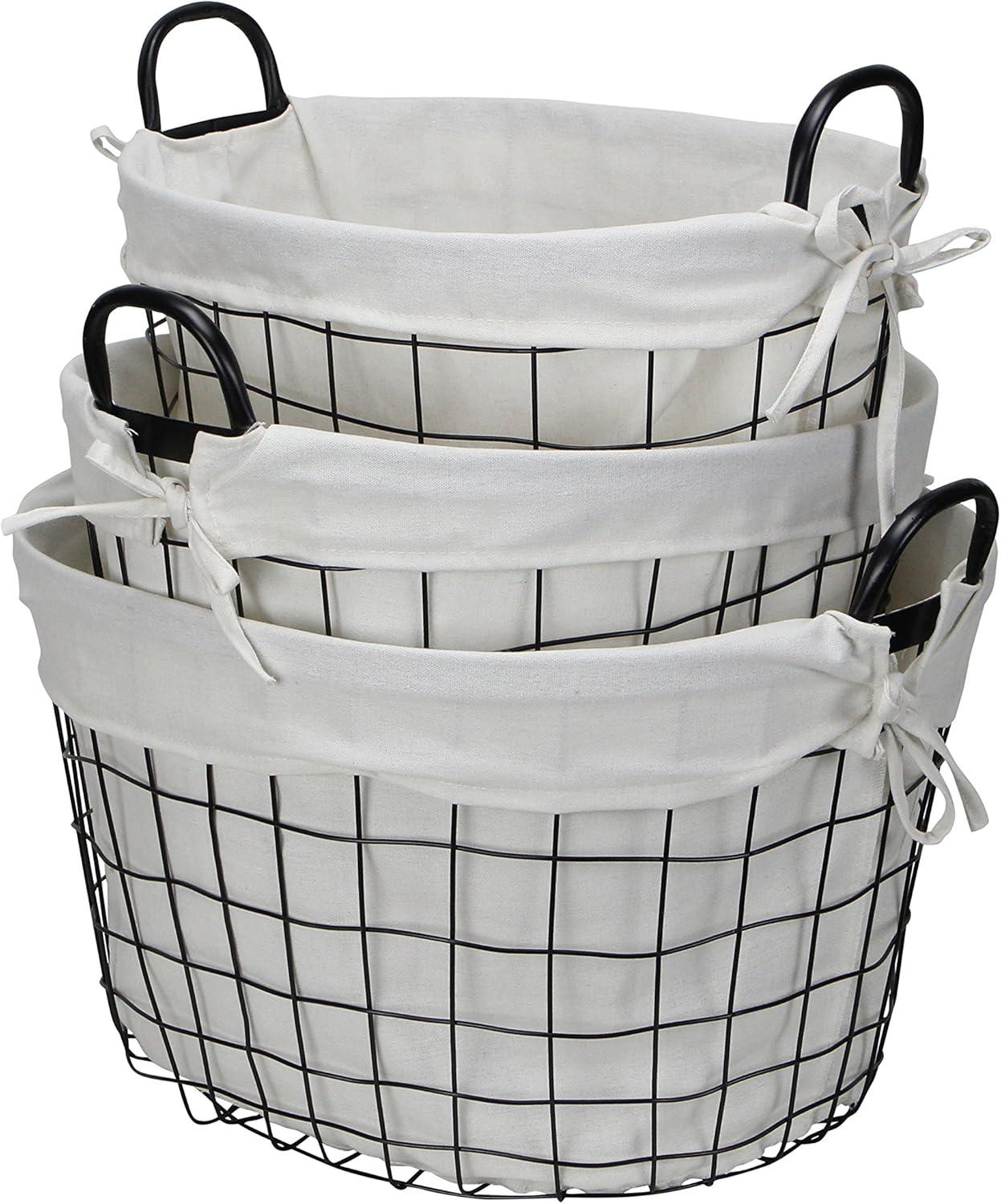Cheungs Set Of 3 Lined Metal Wire Oval Basket With Handle