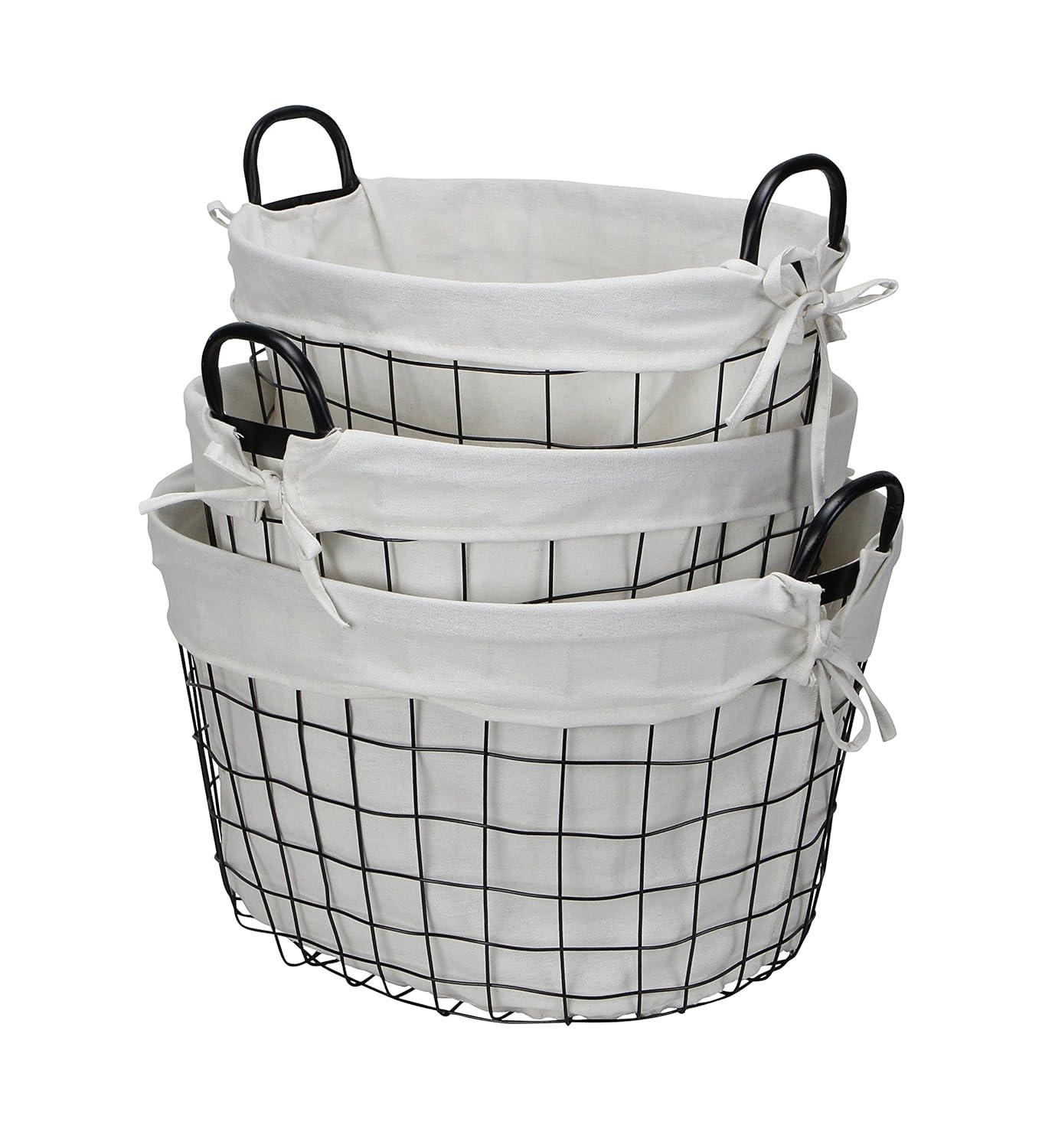 Cheungs Set Of 3 Lined Metal Wire Oval Basket With Handle