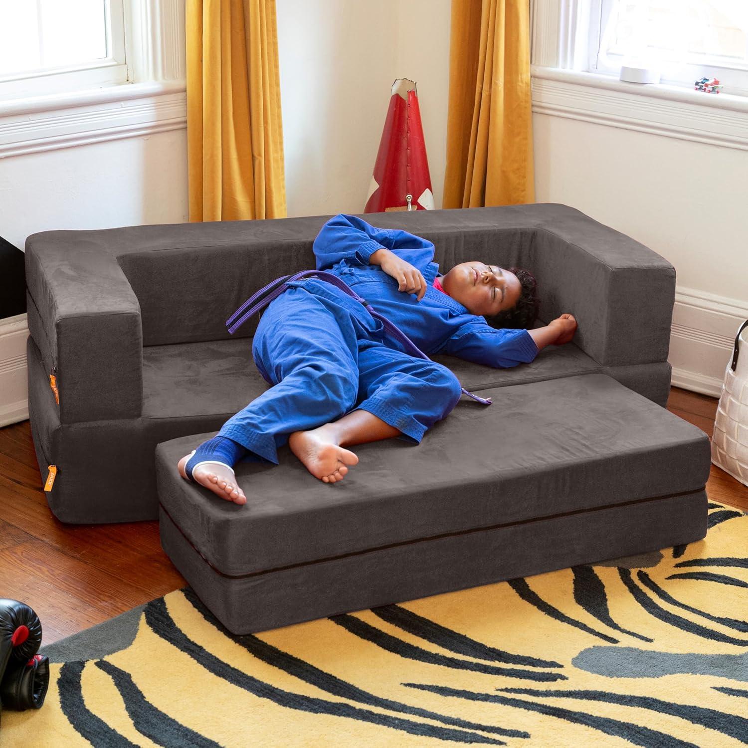 Jaxx Zipline Kids Sofa & Large Ottoman, 3 in 1 Fold Out Sofa, Big Kids Edition, Charcoal