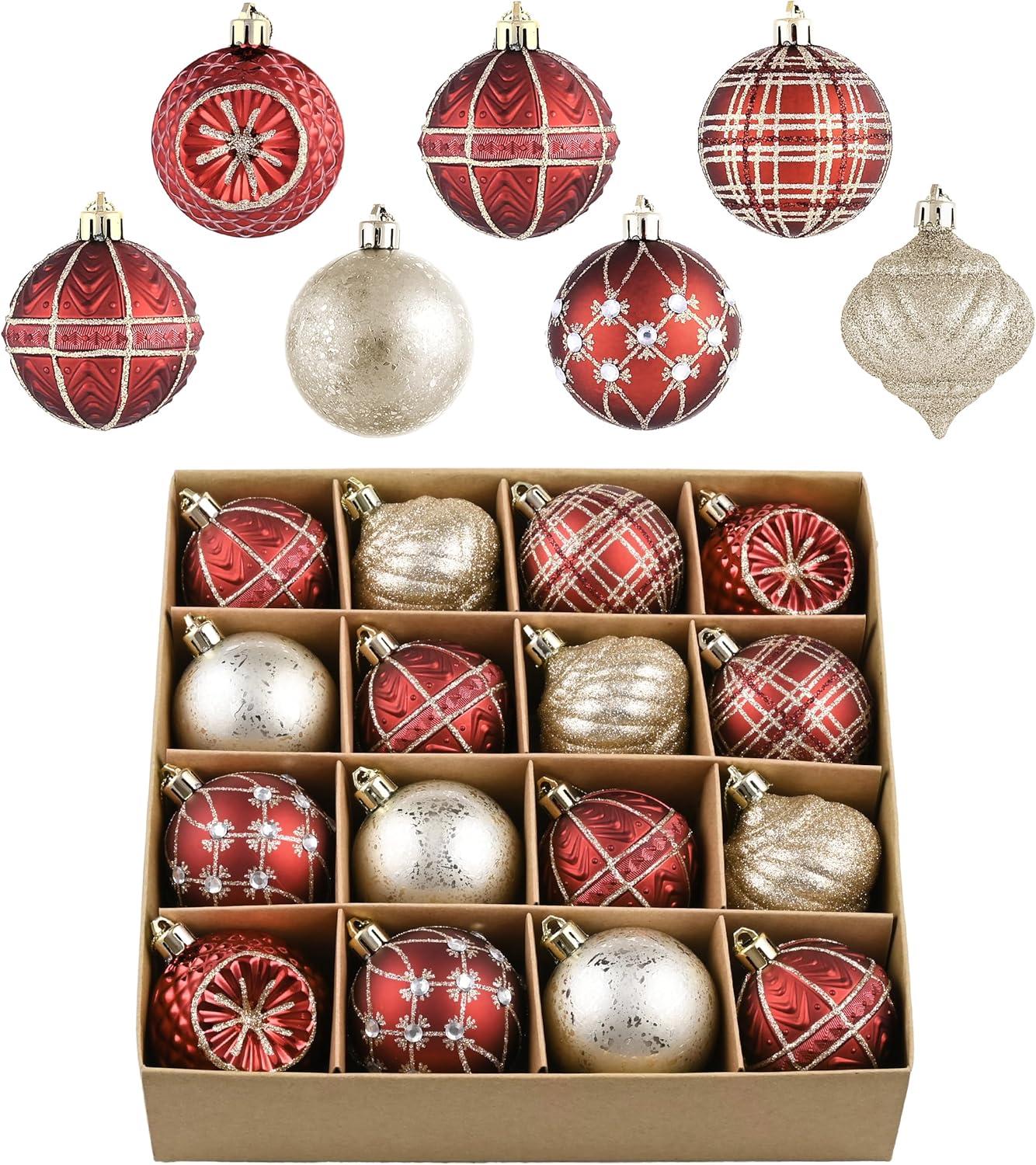 16 Pcs Christmas Ball Ornaments Set for Xmas Tree, 2.36" Red Gold Christmas Tree Ornaments, Shatterproof Plastic Hanging Holiday Balls for Home Decor Festive Christmas Party