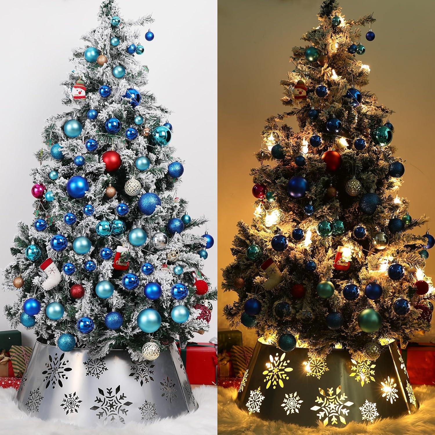 Metal Christmas Tree Collar, 3D Hollow Snowflake Pattern Christmas Tree Skirt with Star-Shaped LED String Lights, 29 Inch Diameter Decorative Xmas Tree Ring Stand Base Cover, Silver