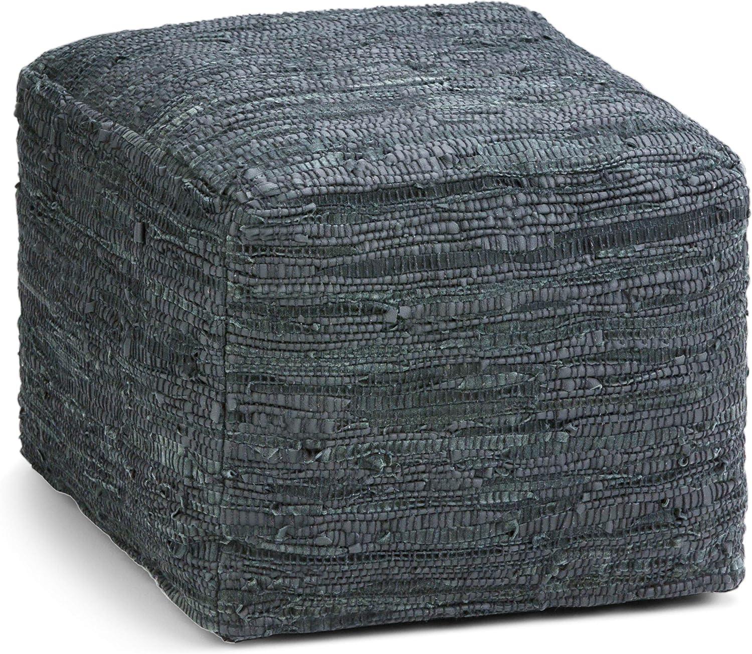 Simpli Home Fredrik Boho Square Pouf in Gray Woven Genuine Leather