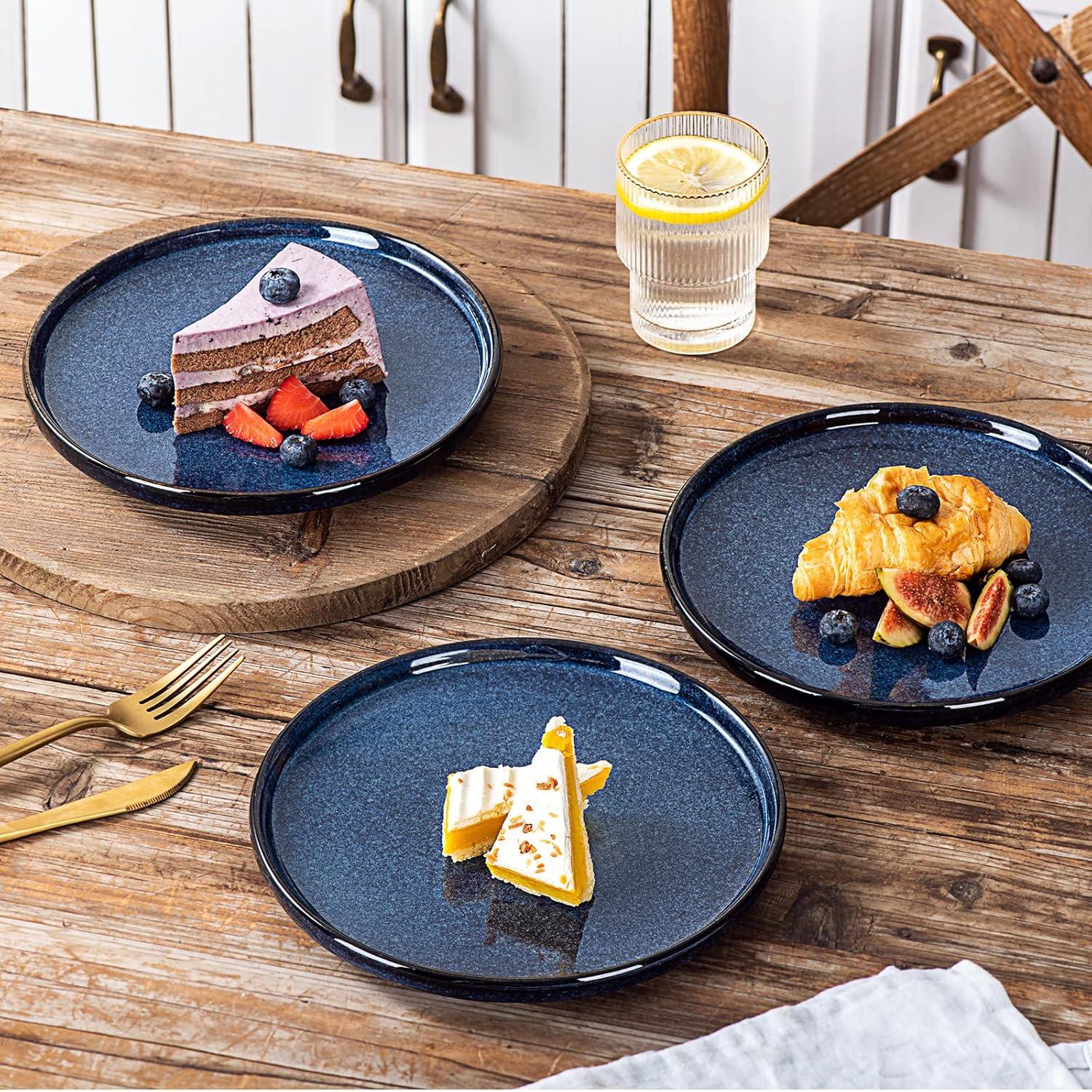 vicrays Juego de Platos de Ensalada de Cerámica - Plato de Snack de Postre Plano de Porcelana de 8 Pulgadas para el Almuerzo en Casa, Restaurante - Apto para Horno Microondas y Lavavajillas Resistente a Rayones - Juego de 6 (Azul)