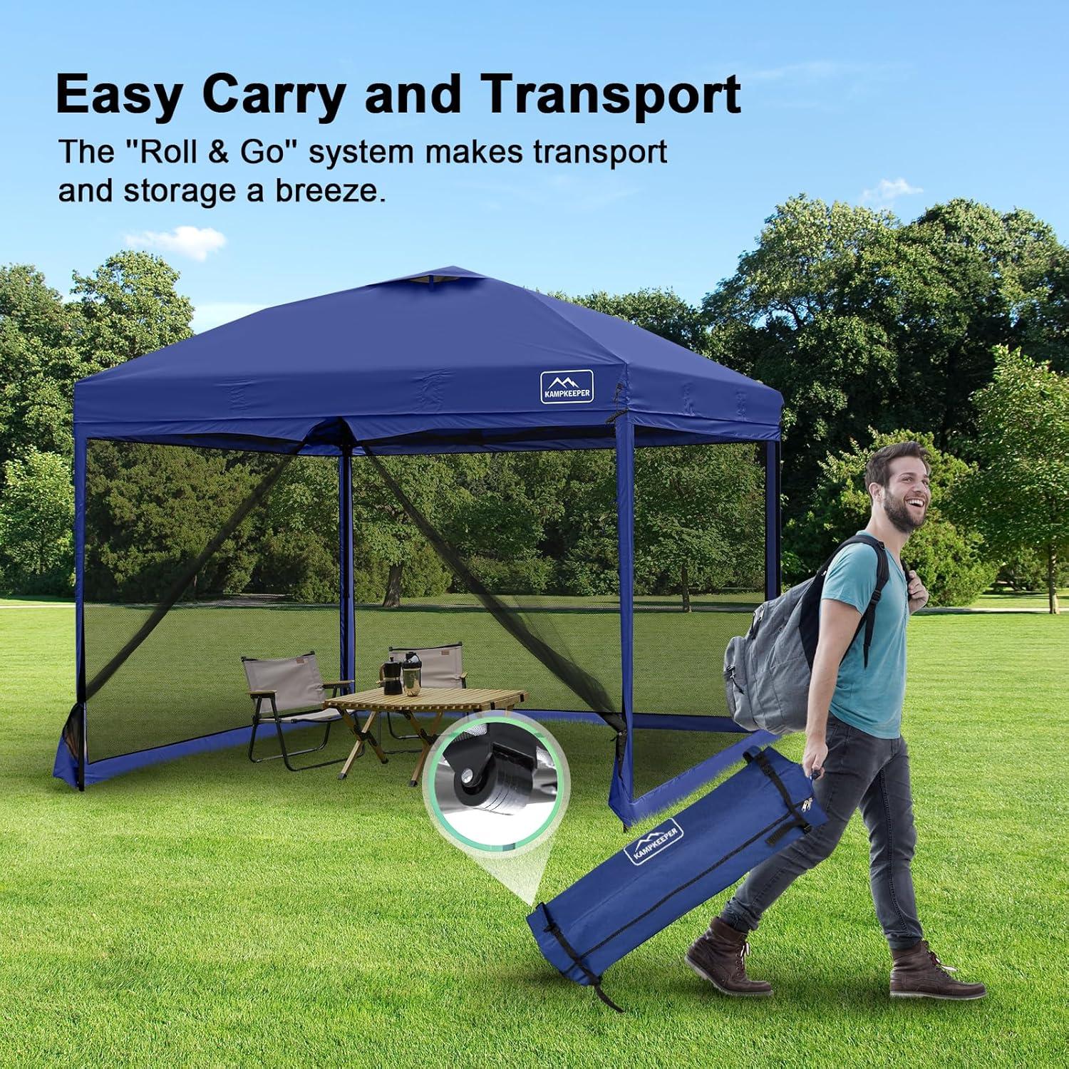 KAMPKEEPER 10x10 Pop Up Canopy Tent with Mosquito Netting - Waterproof Screen Shelter for Sun Shade, Camping, Beach and Outdoor Events, Navy Blue