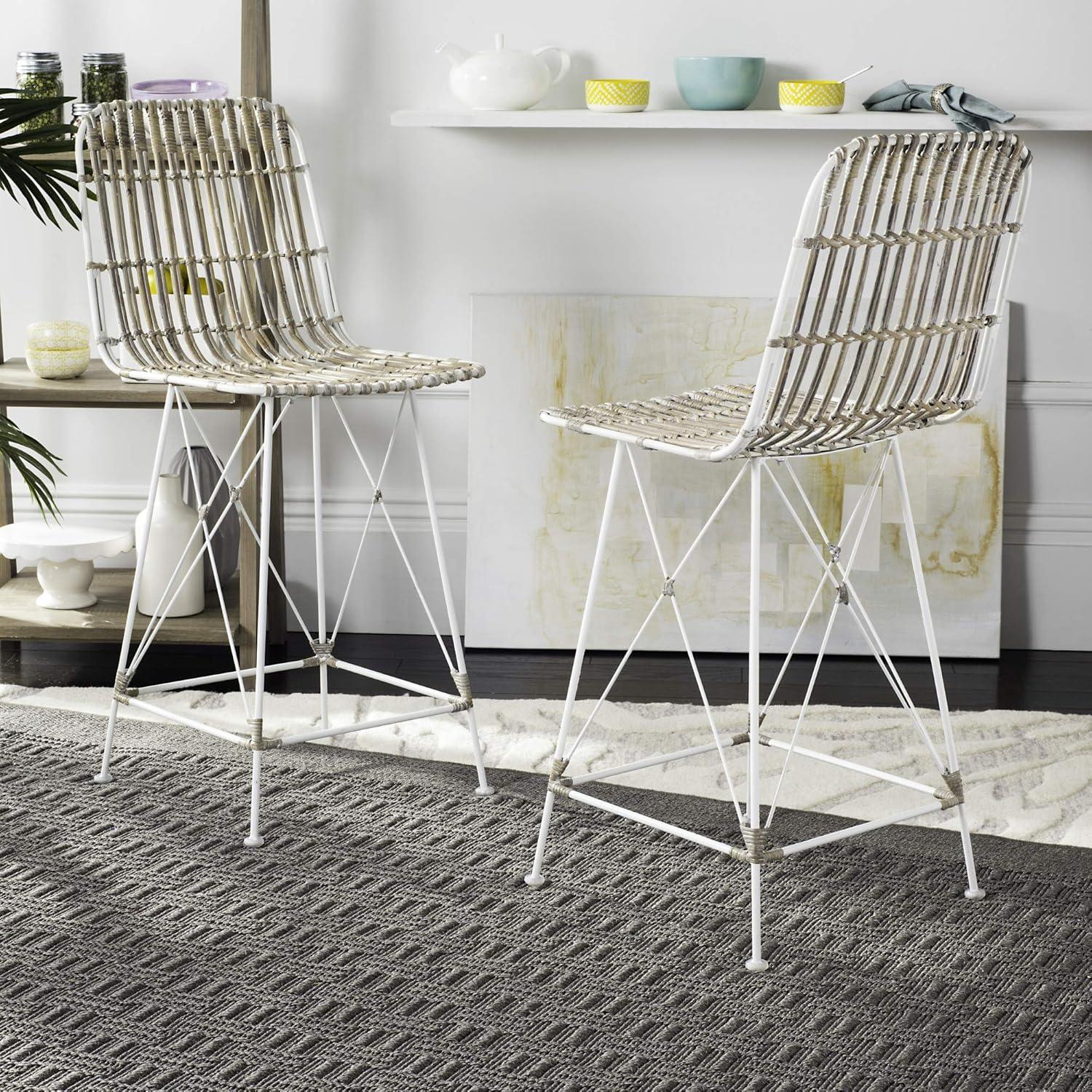 Minerva Wicker Counter Stool (Set of 2)  - WIK6509 - Natural Brown Wash/Black - Safavieh
