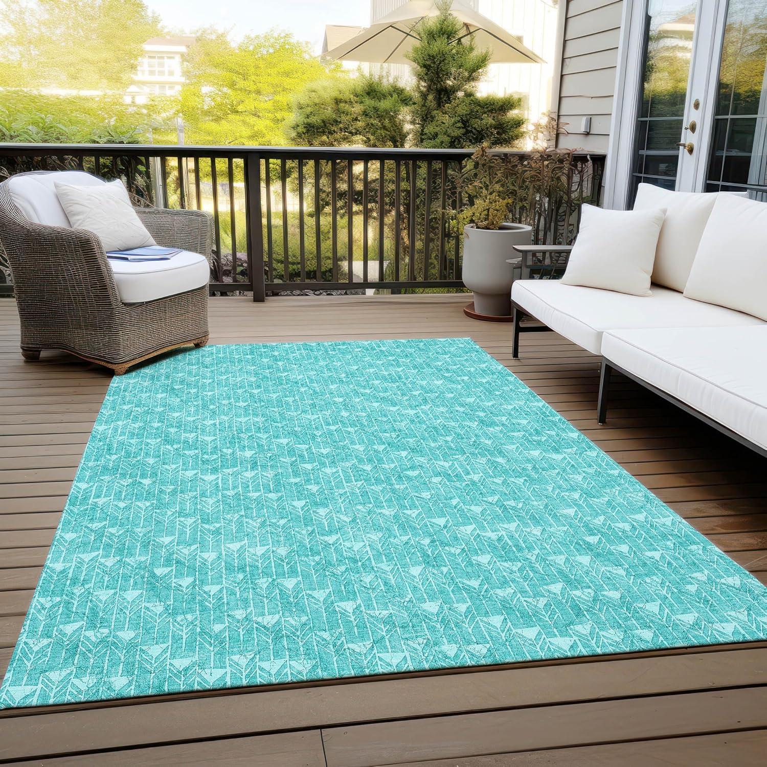 Teal Geometric Pattern Washable Synthetic Area Rug 3' x 5'