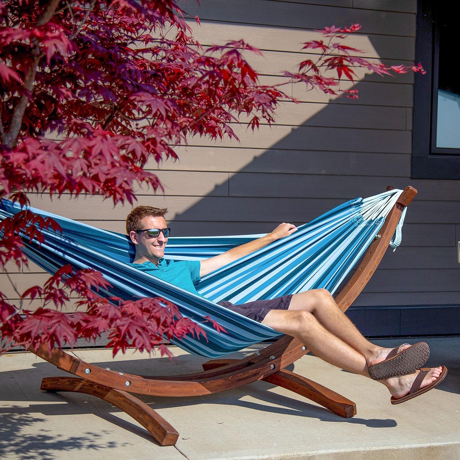 Vivere 8ft Double Cotton Hammock with Solid Pine Arc Stand - Blue Lagoon Color