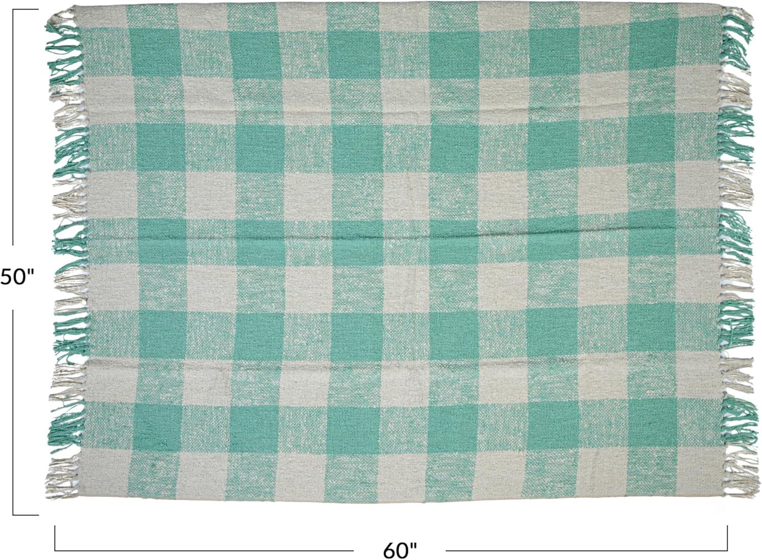 Mint and Cream Hand-Woven Cotton Plaid Throw with Fringe