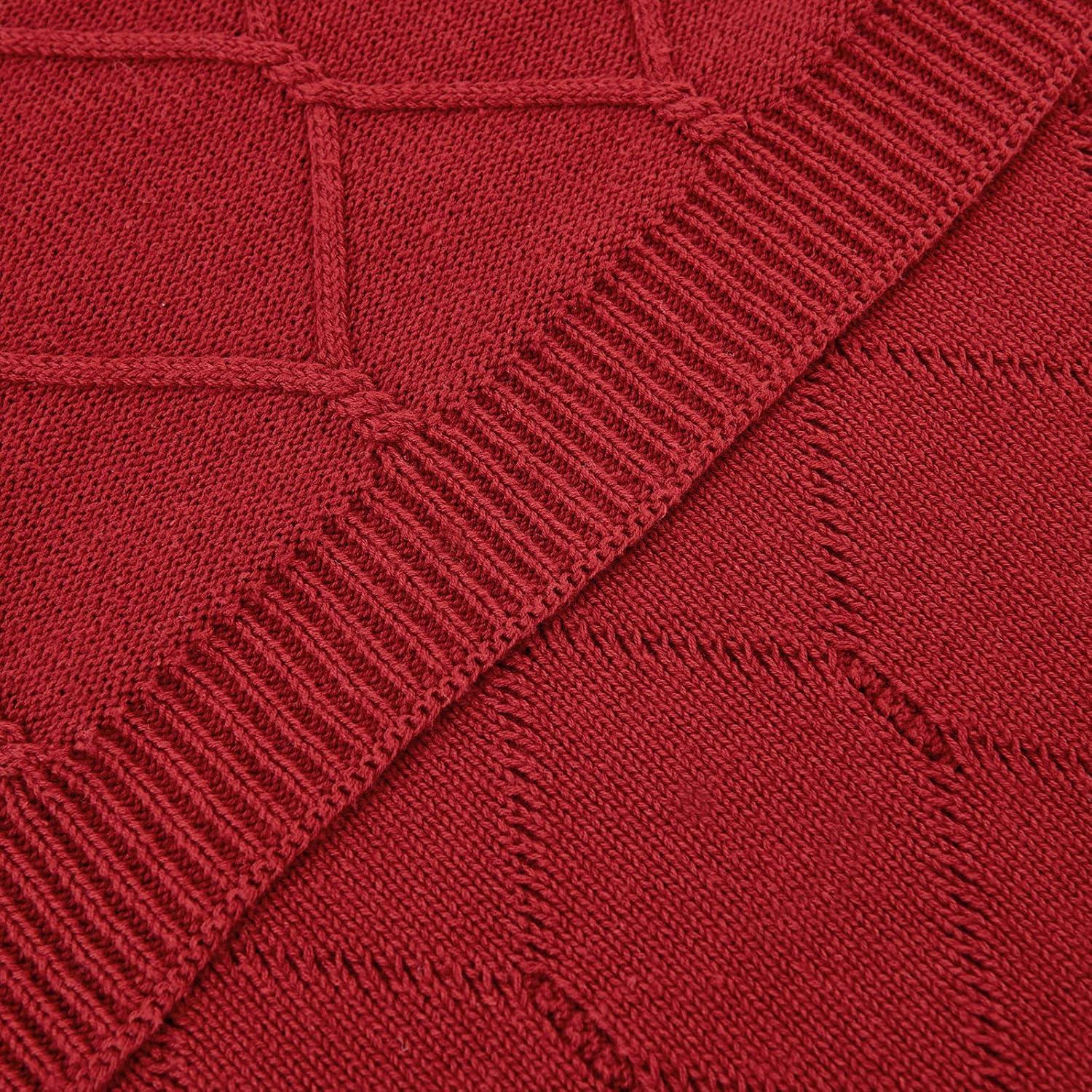 Longhui bedding 100% Cotton Burgundy Cable Knit Throw Blanket with Bonus Laundering Bag – Large 50 x 63 Inch Thick, Extra Cozy, Machine Washable, Home Decor, 2.35LB