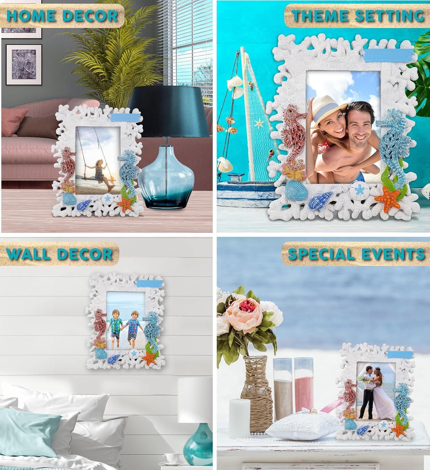 CoTa Global White Coral Seahorse 4x6 Nautical Frame - White Coral Photo Frame for Summer Vacation Memory, Handmade Tropical White Coral Reef Nautical Picture Frame For Tabletop or Wall Hang - 8 Inches