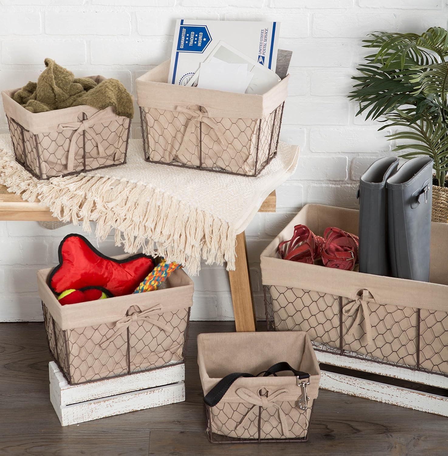 Rustic Country Rectangular Wire Basket Set with Beige Liners, Set of 3