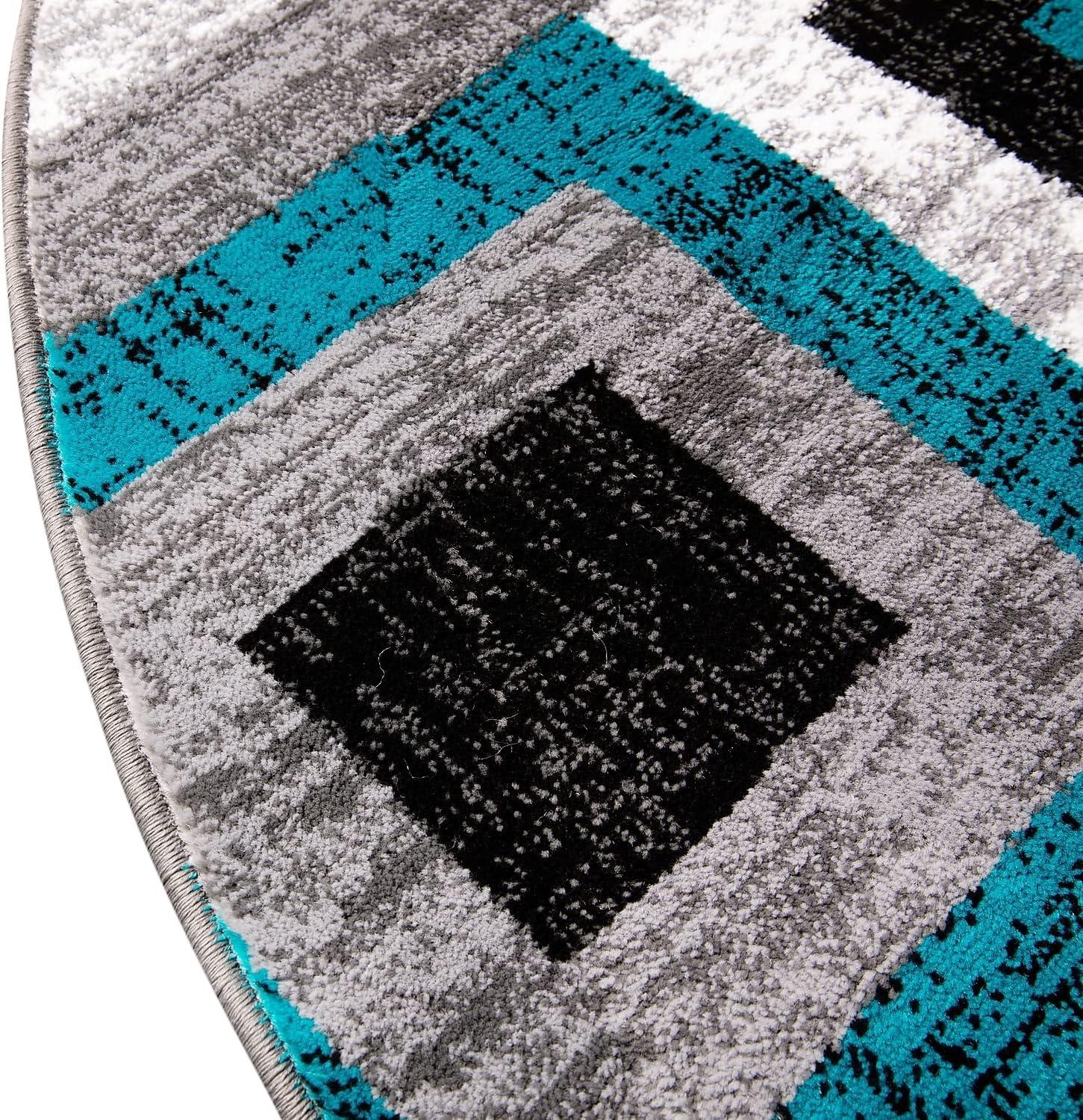 Gideon Collection Geometric 8' x 8' Turquoise, Grey, and White Round Olefin Area Rug with Cotton Backing, Living Room, Bedroom