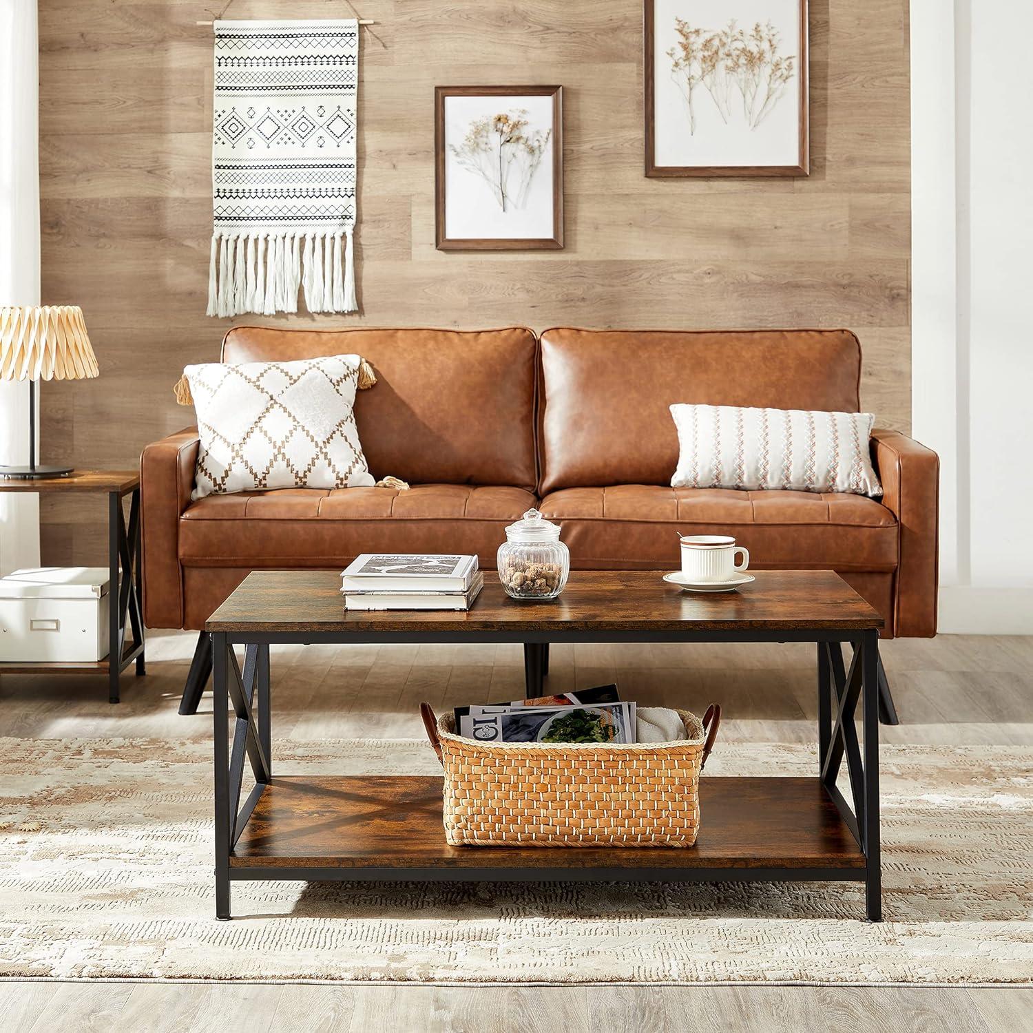 Rustic Brown and Black Industrial Coffee Table with Storage Shelf