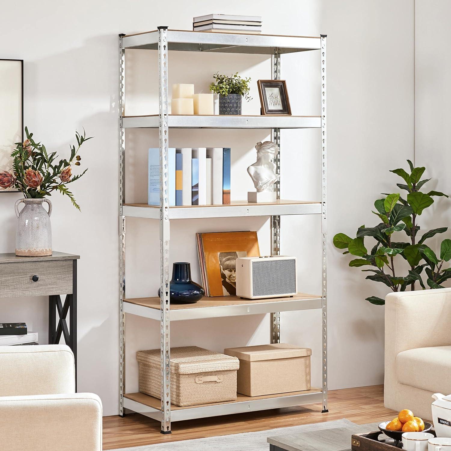 Silver 5-Tier Adjustable Metal and MDF Storage Shelving Unit