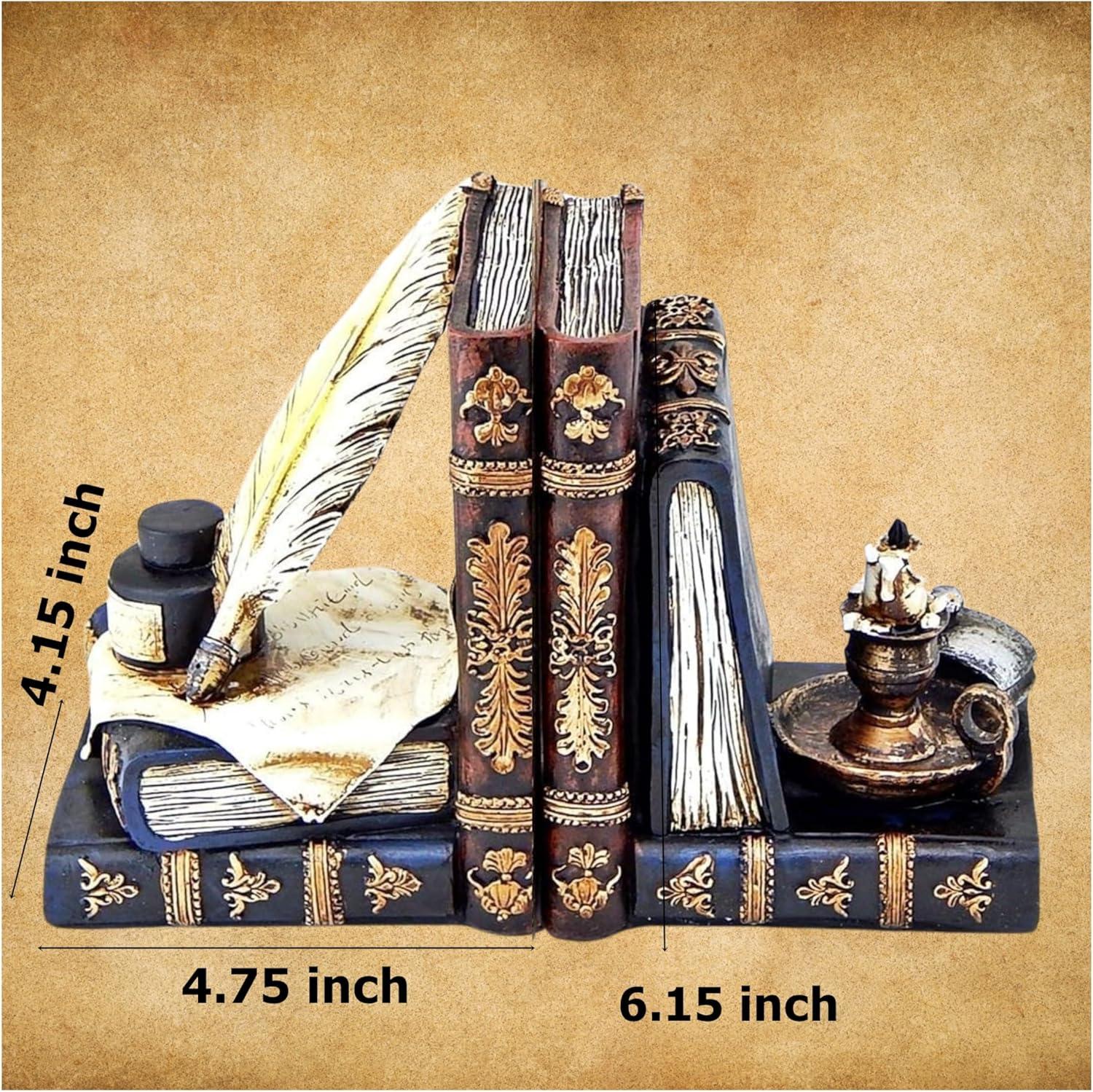 Bellaa 26324 Vintage Bookends Wizard Feather Quill Pen and Ink Bottle with Oil Lamp Antique Style Farmhouse Cottage Lodge Magic Home Decor