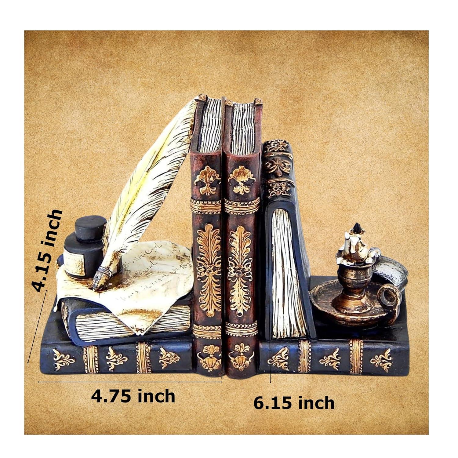 Bellaa 26324 Vintage Bookends Wizard Feather Quill Pen and Ink Bottle with Oil Lamp Antique Style Farmhouse Cottage Lodge Magic Home Decor