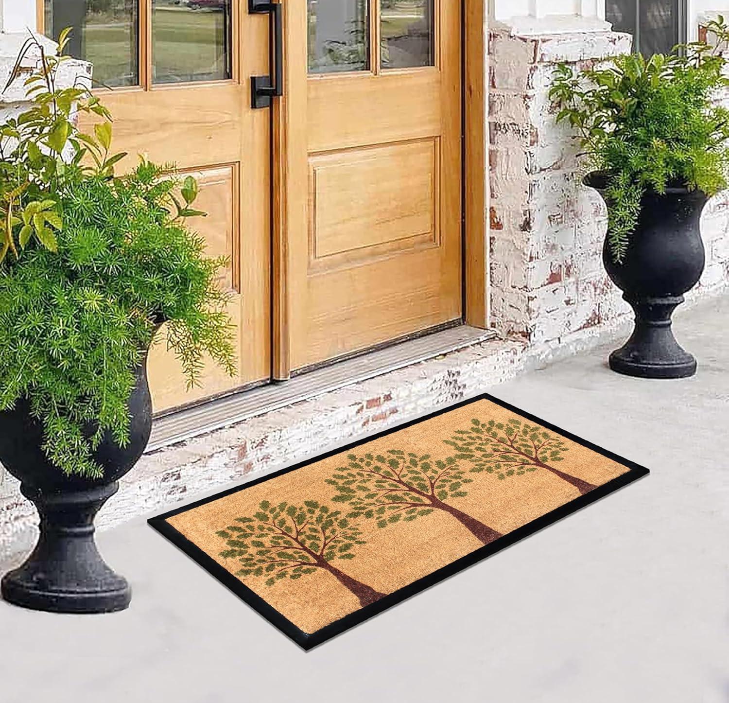 Hand-Crafted Green and Beige Coir Outdoor Doormat