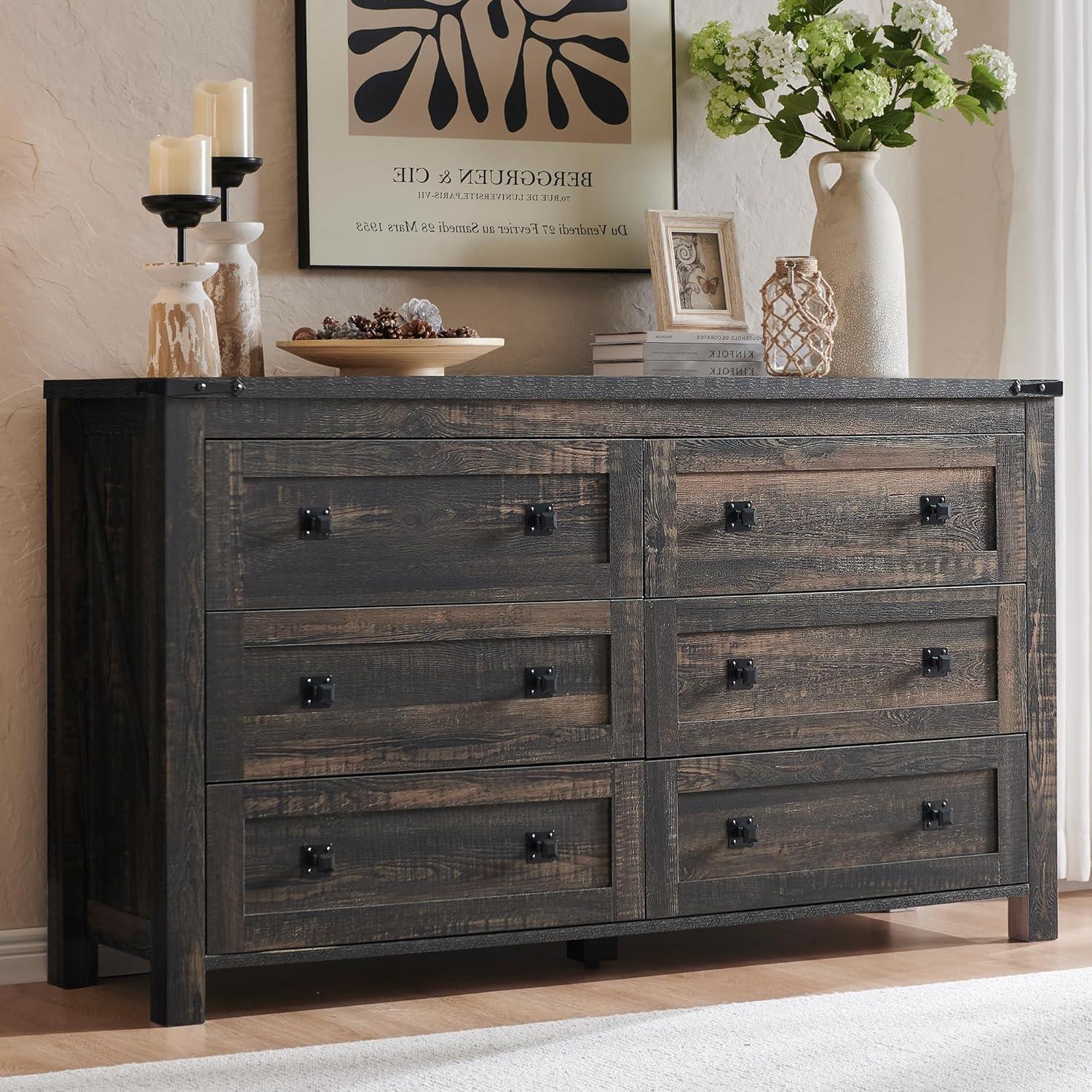 Farmhouse 6-Drawer Dresser - Rustic Dark Oak Storage, 54"L x 16"D x 31"H, Barn Door Style, Antique Brass Knobs, Wide Chest Organizer for Bedroom/Living Room