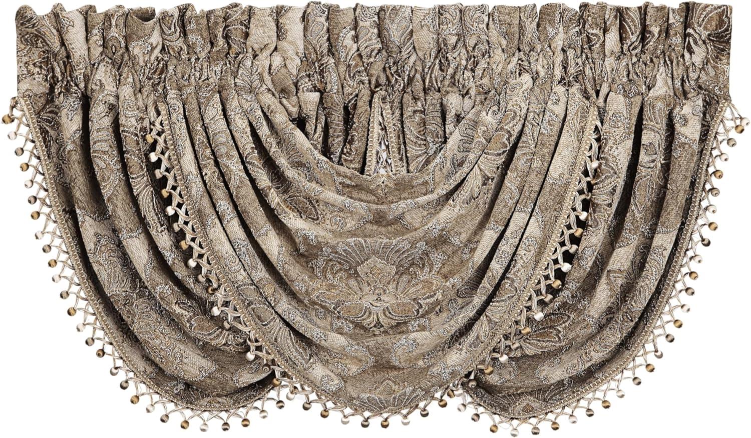 Natural Chenille Damask Waterfall Valance with Tassel Fringe