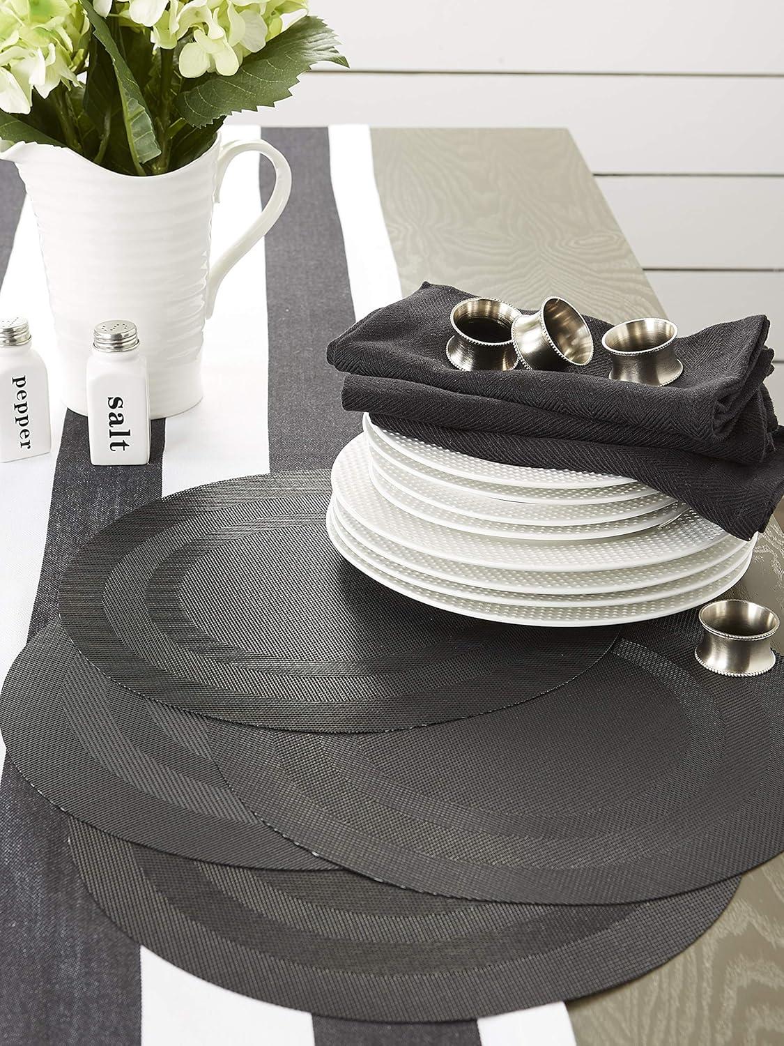DII PVC Tabletop Collection Woven Indoor/Outdoor, Round Placemat Set, 13.75", Black, 6 Piece