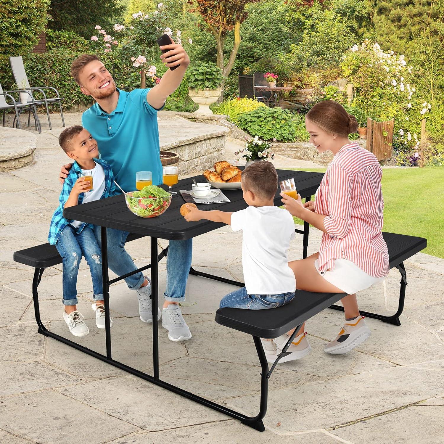 Resenkos Indoor and Outdoor Folding Picnic Table Bench Set with Wood-like Texture-Black for Patio Back Deck, Balcany, Poolside