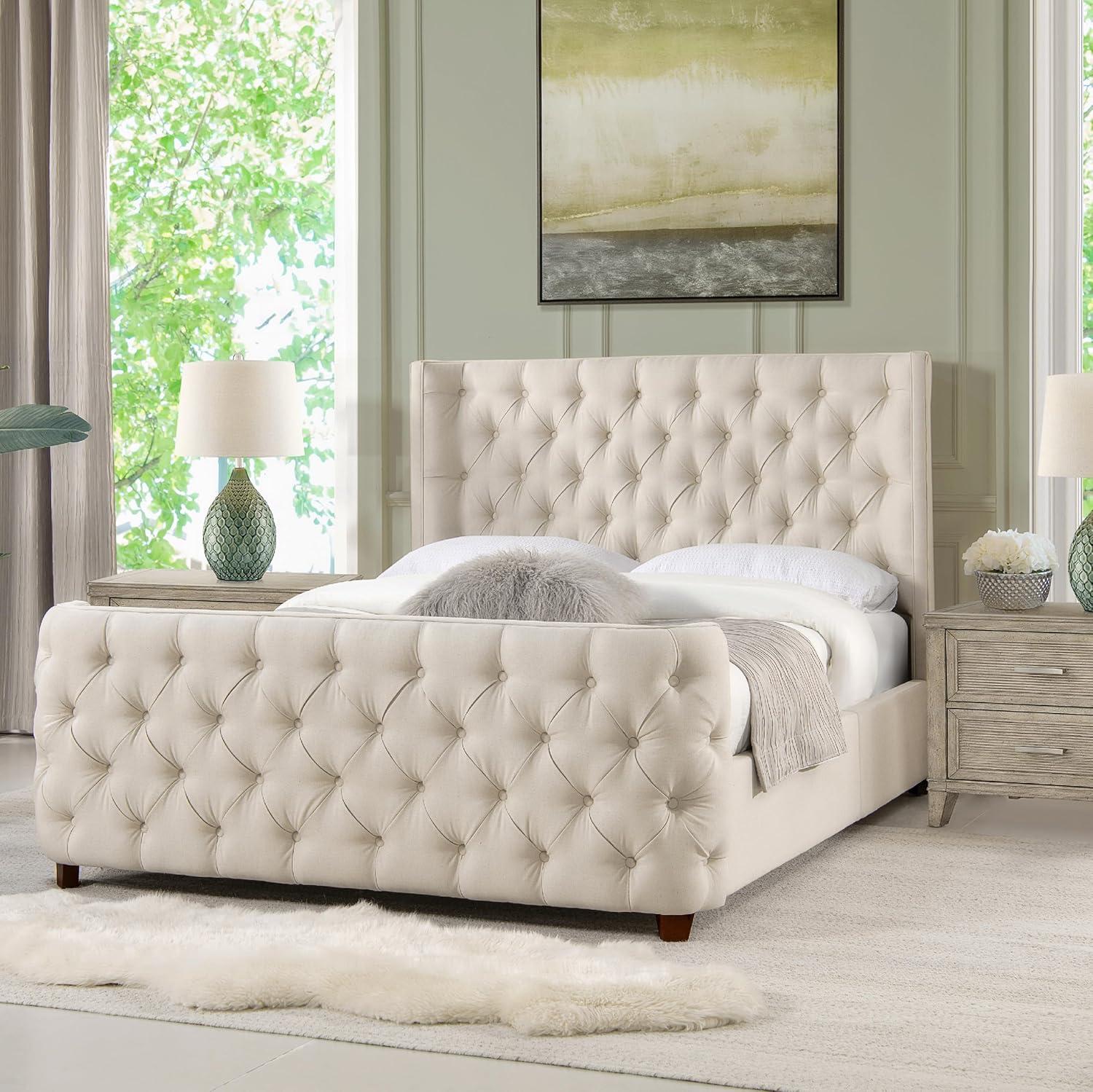 Jennifer Taylor Home Geneva Curved Wing Upholstered Platform Bed Frame, Queen, Light Beige Linen