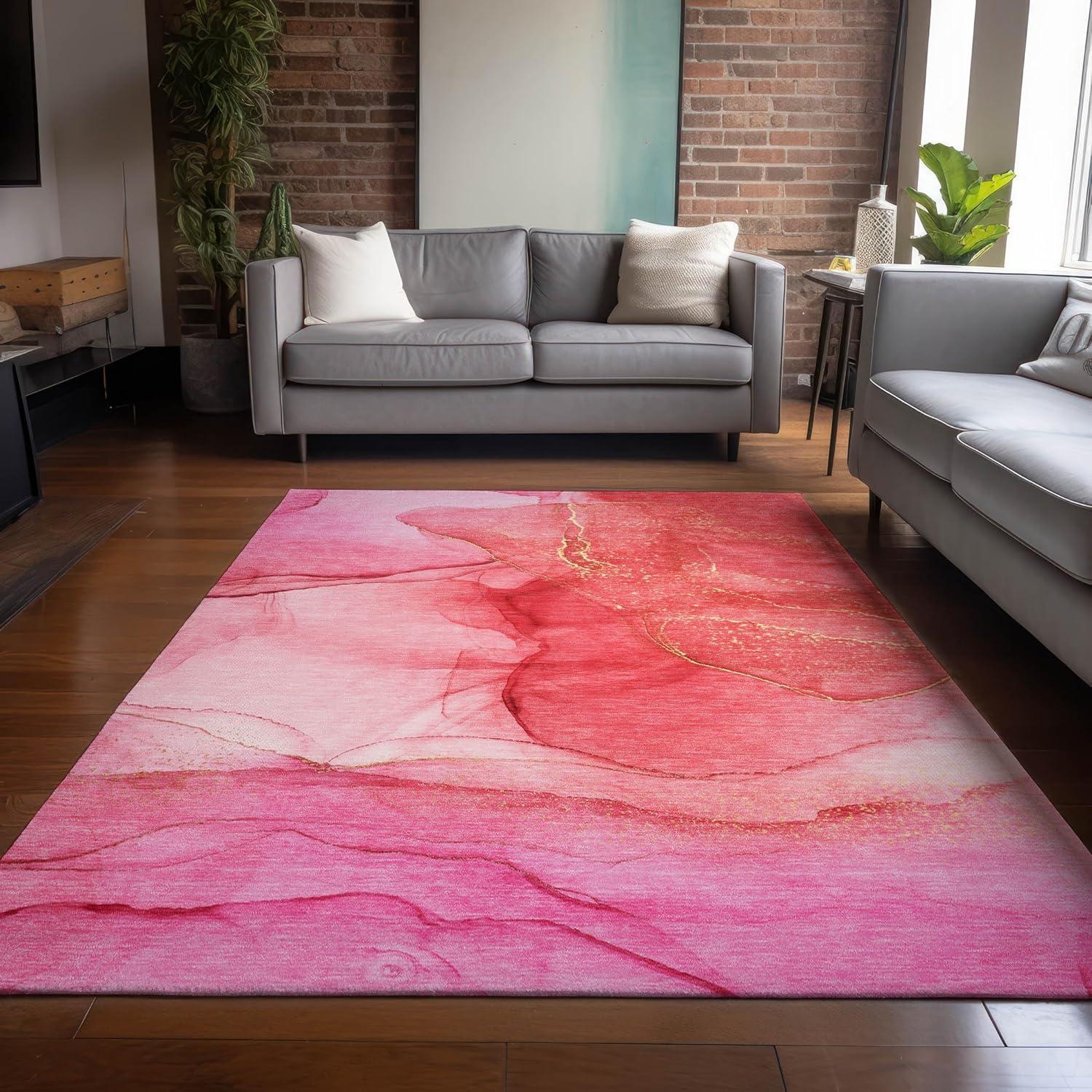 Pink Watercolor Pattern Synthetic Washable 3' x 5' Rug