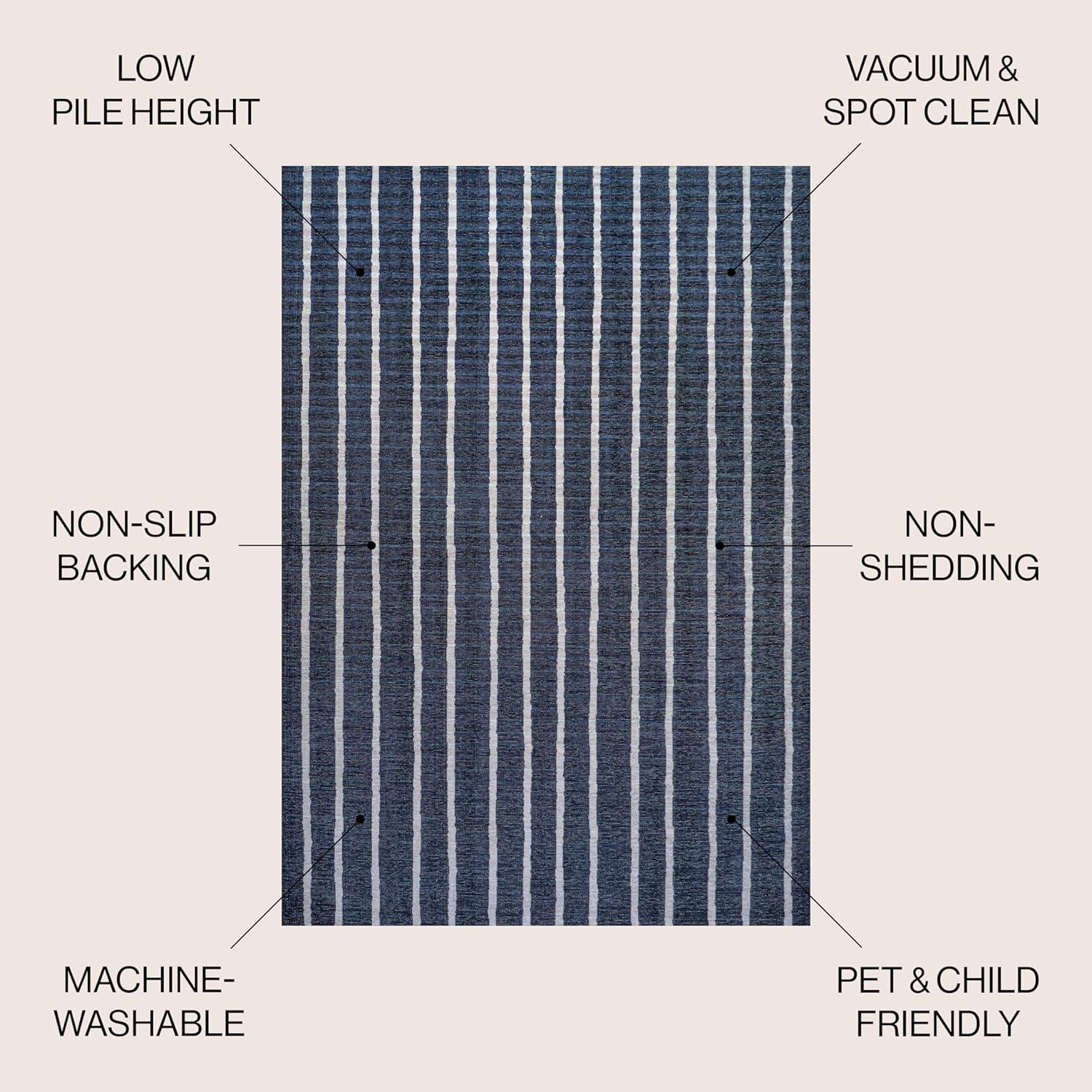 5' x 8' Rand Distressed Ticking Stripe Machine-Washable Area Rug, Navy/Ivory - JONATHAN Y