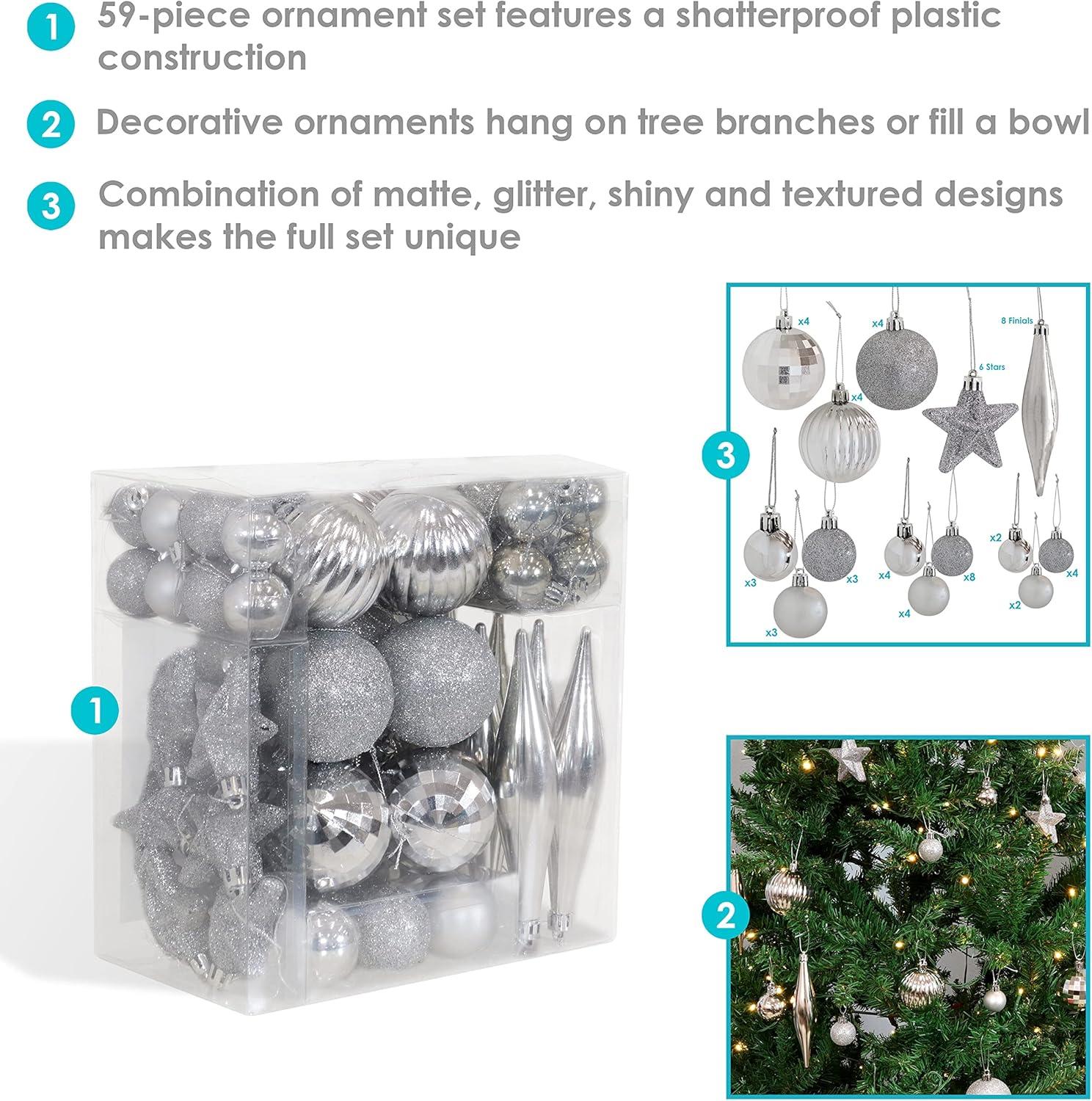 Silver Shatterproof Plastic Christmas Ornament Set, 59-Count