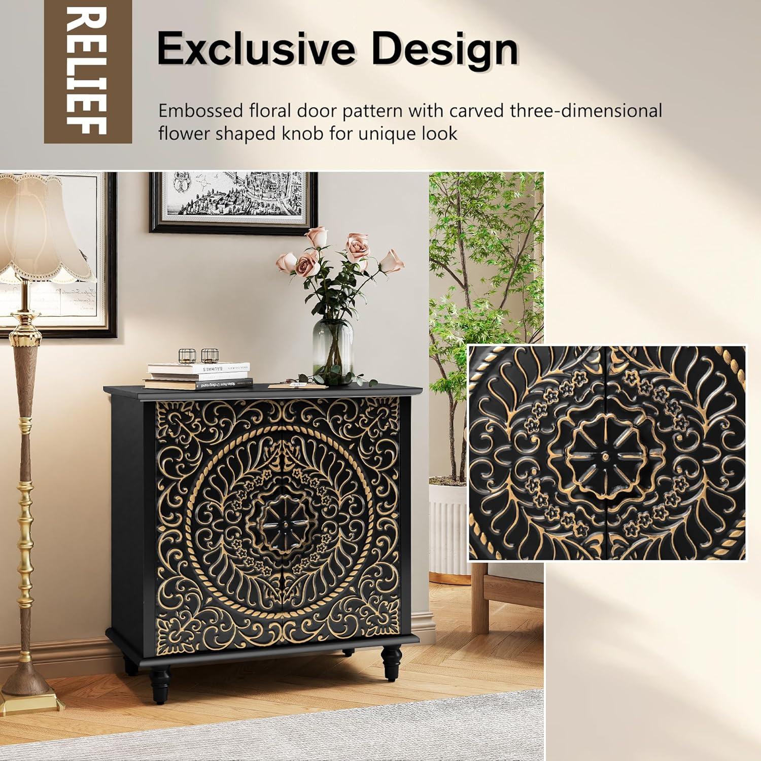 Black Carved Floral Pattern 2-Door Accent Cabinet