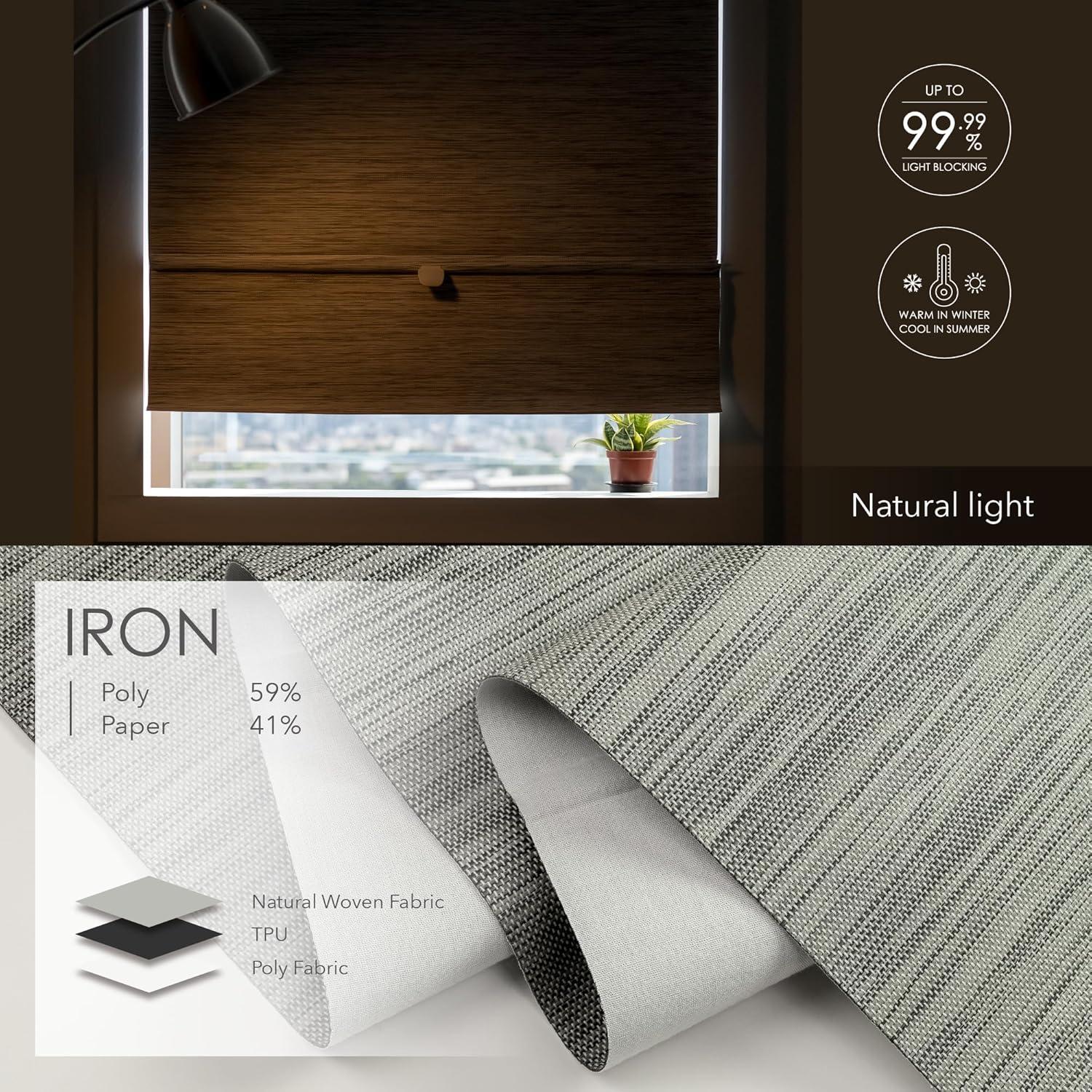 Iron No Drill Cordless 99.99% Blackout Natural Woven Magnetic Roman Shades, 35 in. W x 65 in. L