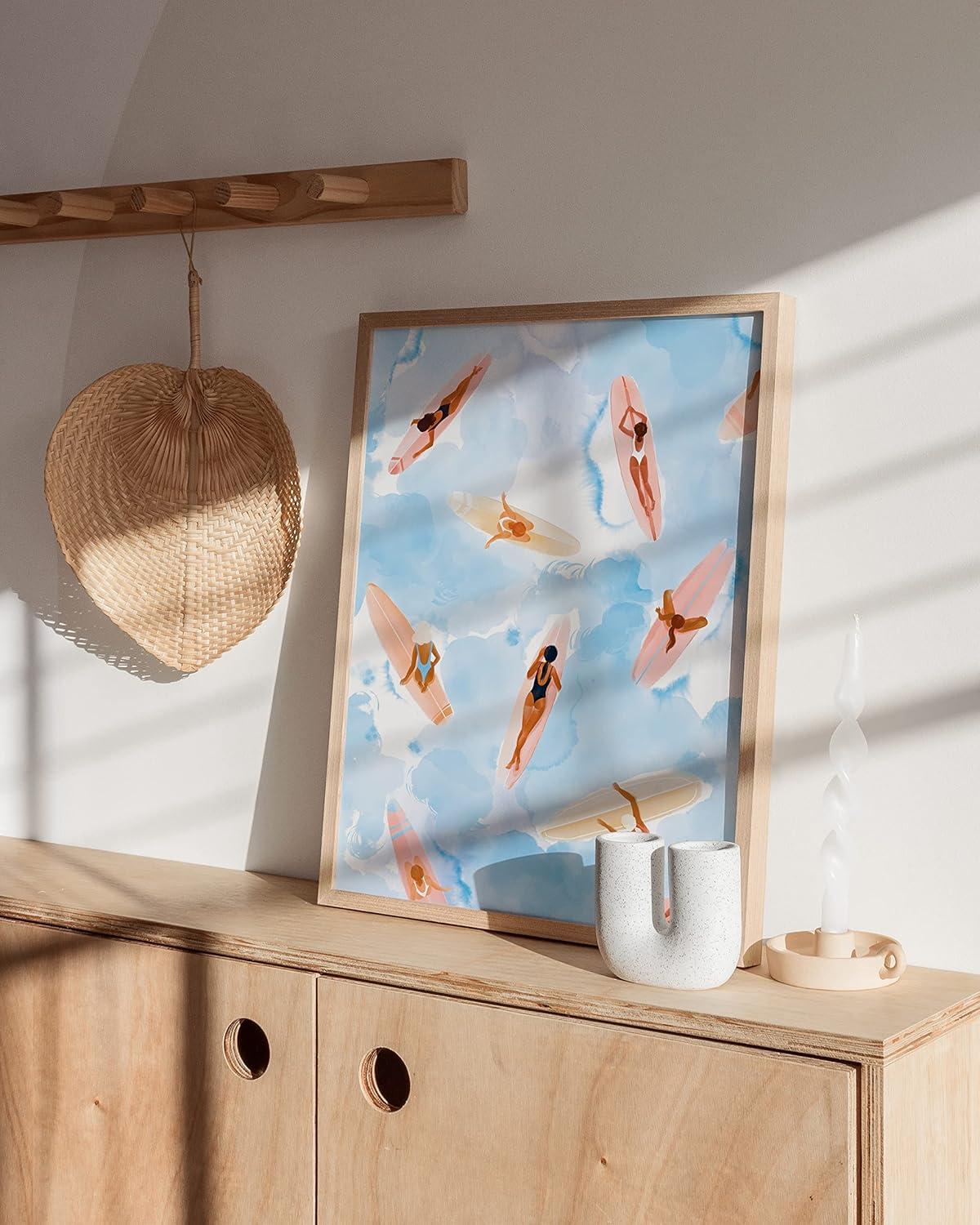 Beige Framed Watercolor Surfboard Beach Scene Poster