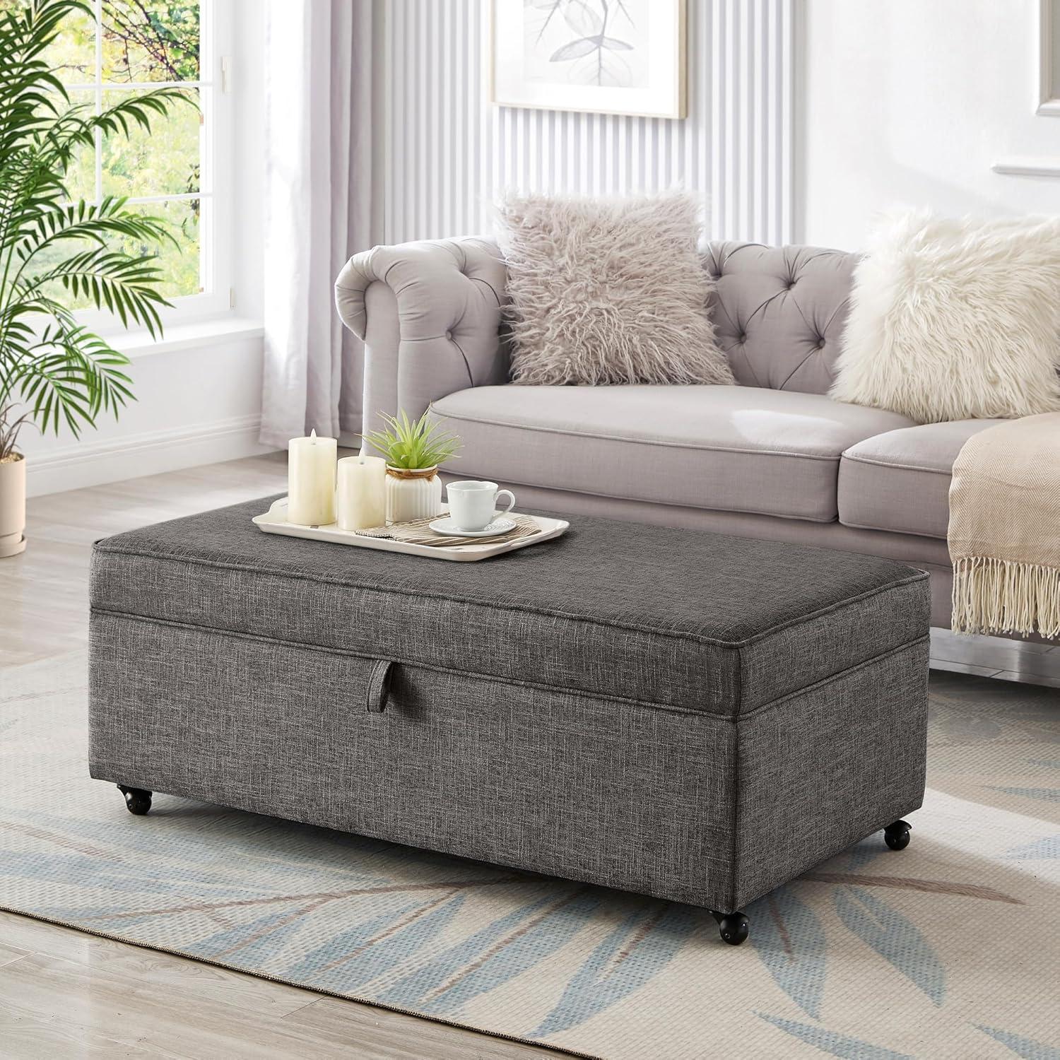 Dark Gray Faux Leather Storage Ottoman Bench with Wheels
