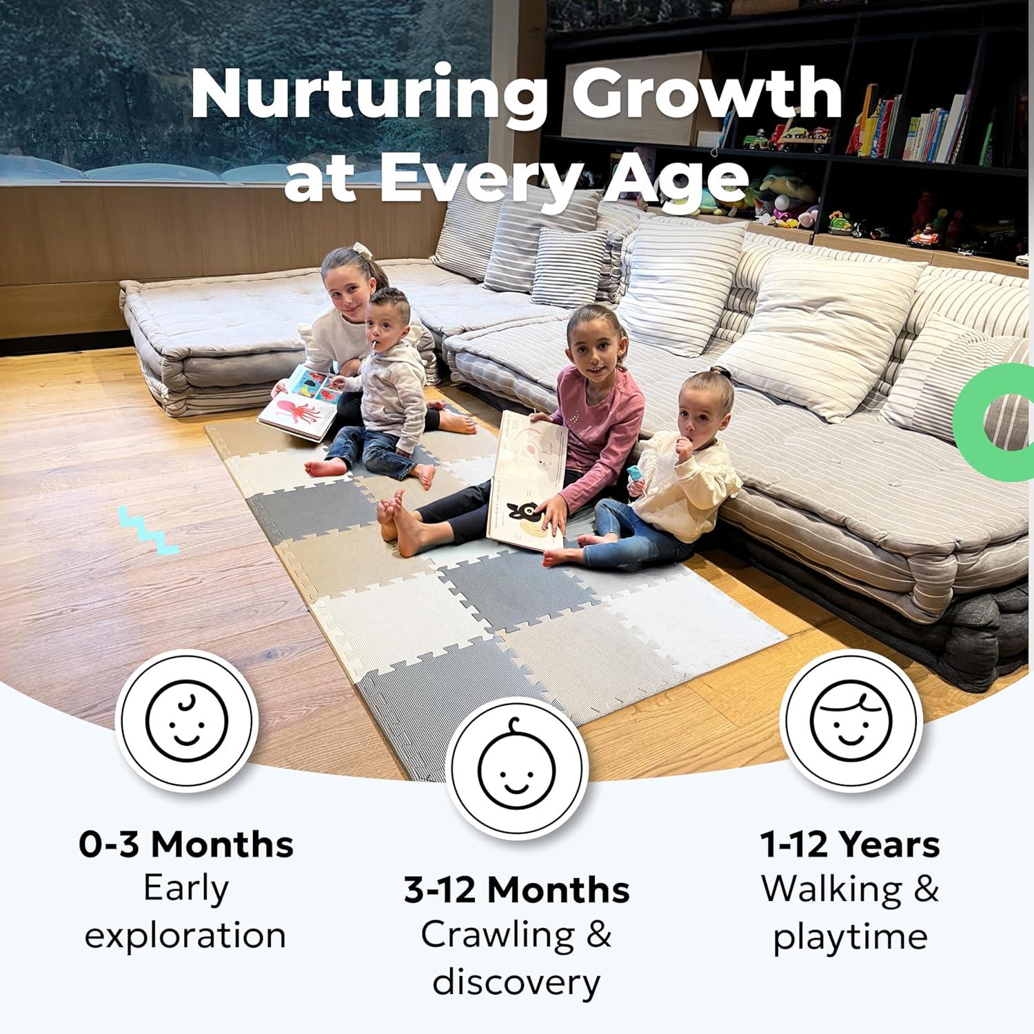 MioTetto Non-Toxic Foam Play Mat for Babies & Kids, Interlocking Puzzle Tiles, Cream-Gray-Beige, 18 Pieces – Perfect for Tummy Time, Crawling, Nursery, Playroom, or Gym