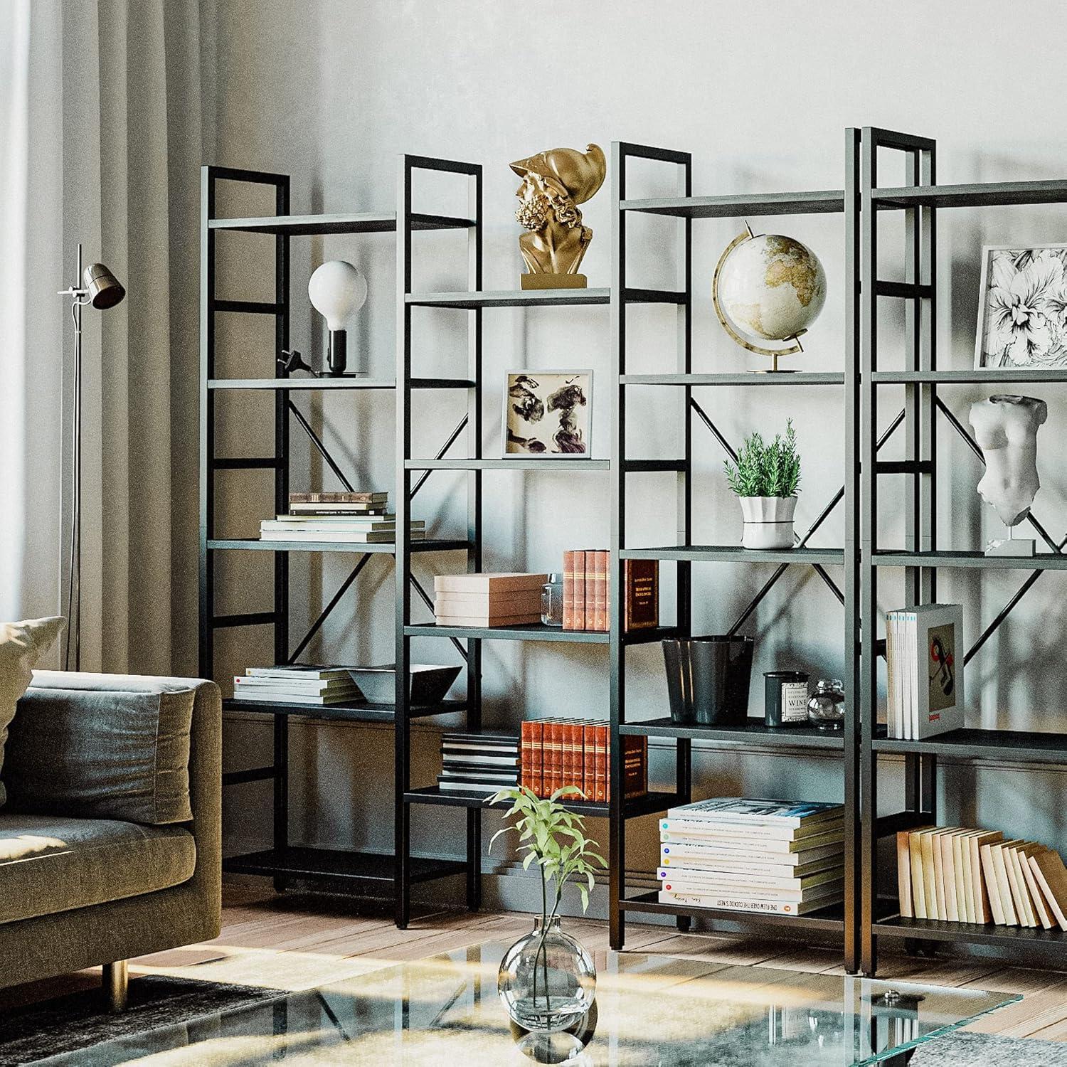 Triple Wide Industrial Black Metal and MDF Bookshelf