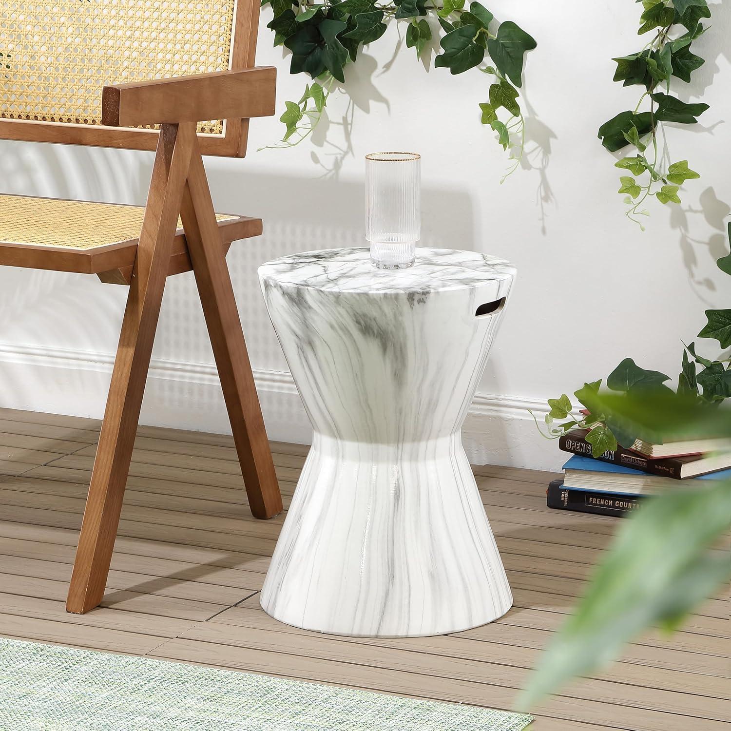 JONATHAN Y African Drum 17.3" White Marble Finish Ceramic Garden Stool