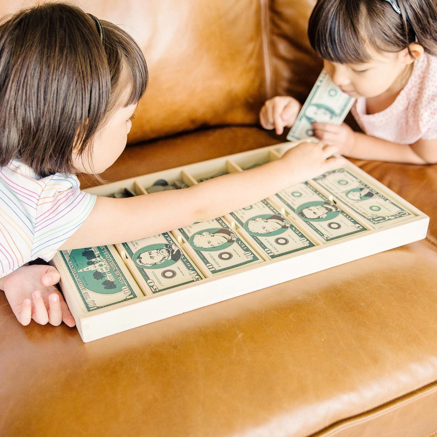 Melissa & Doug Play Money Set - Educational Toy With Paper Bills and Plastic Coins (50 of each denomination) and Wooden Cash Drawer for Storage