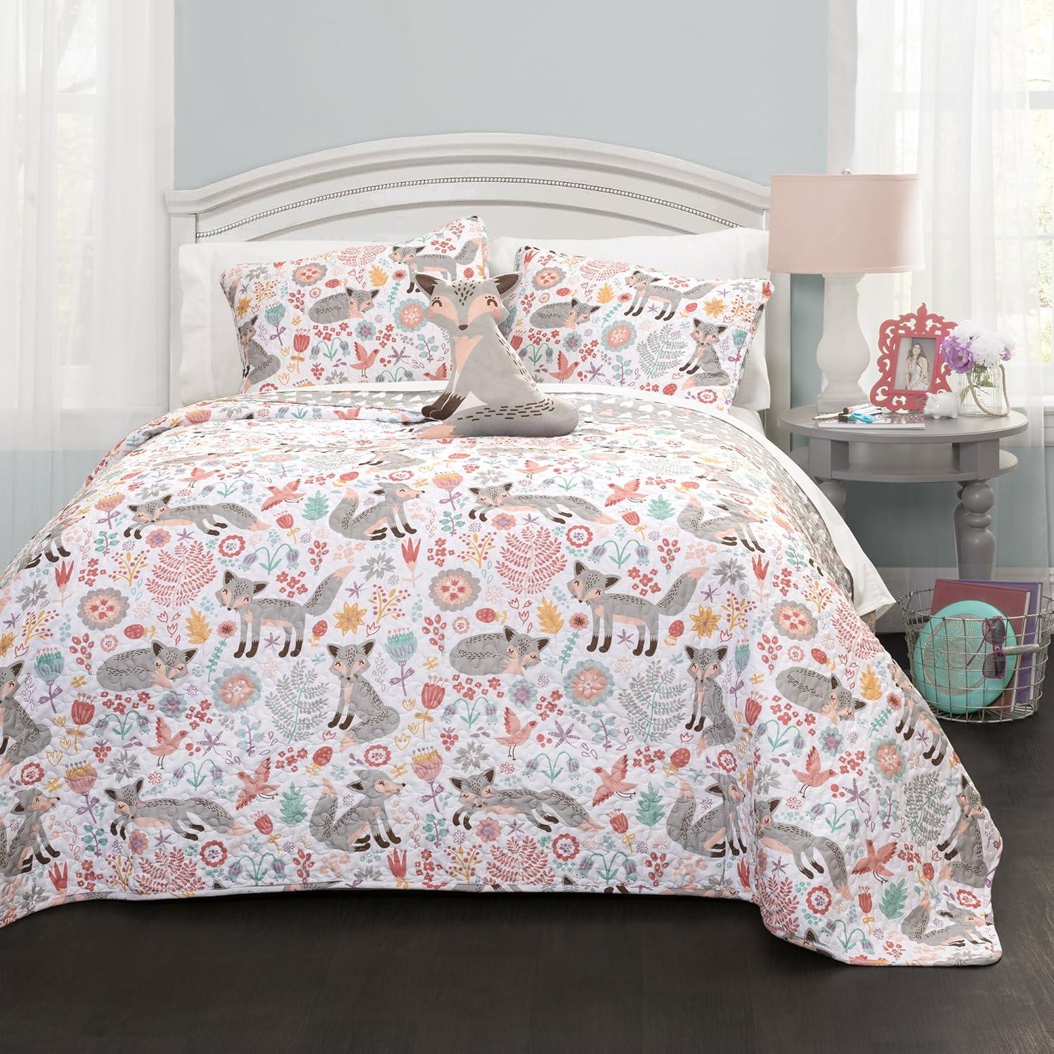 Pixie Fox Twin Reversible Pink and Gray Microfiber Quilt Set