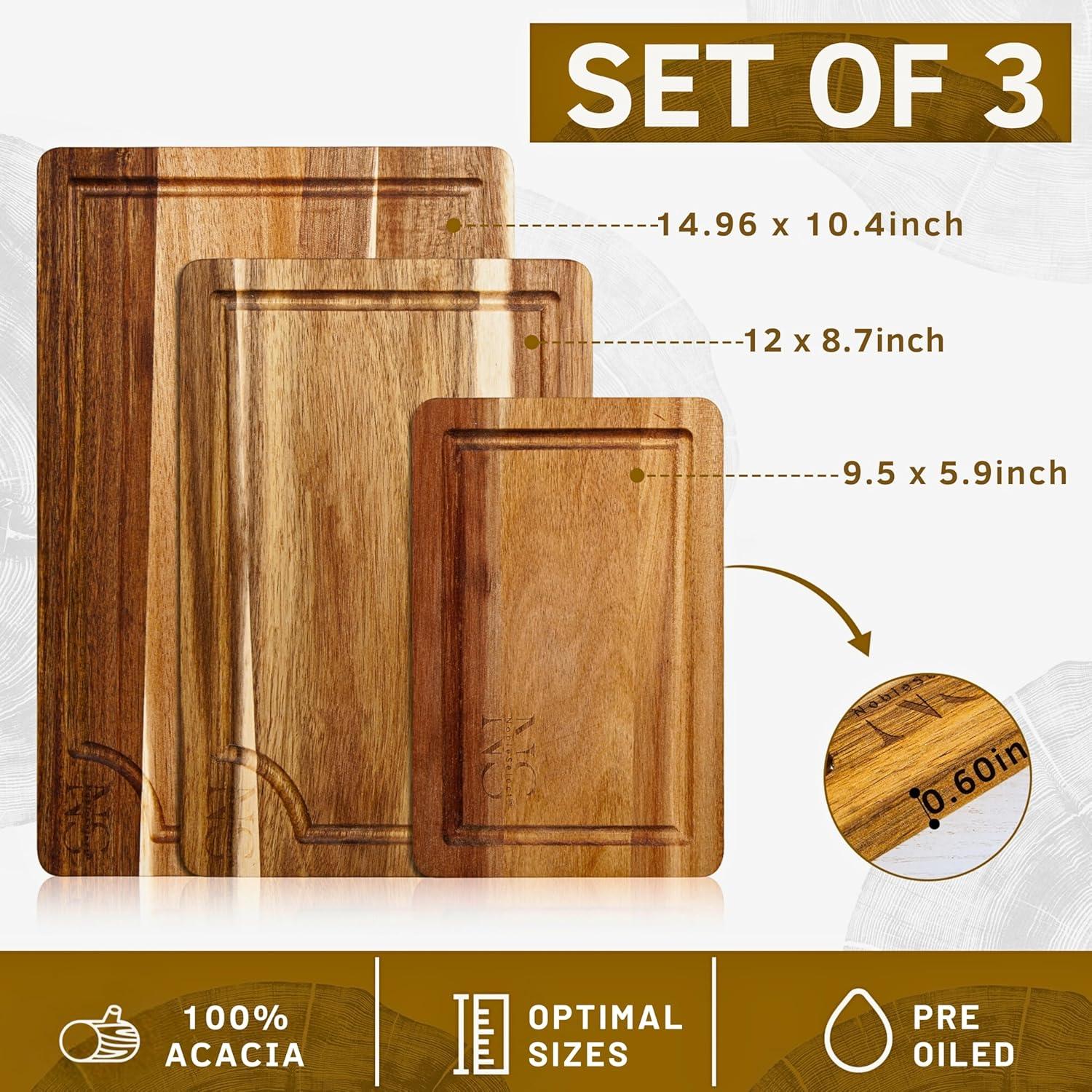 Eco-Friendly Acacia Wood Cutting Board Set with Juice Groove