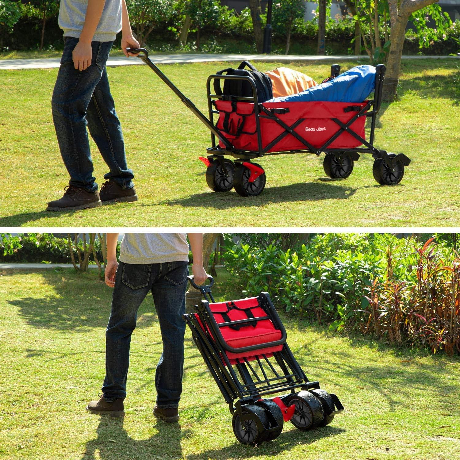 BEAU JARDIN Collapsible Folding Beach Wagon Cart Foldable All Terrain Wagon with Brake Free Standing Utility Camping Grocery Portable Rolling Outdoor Garden Sport Heavy Duty Shopping Push Red