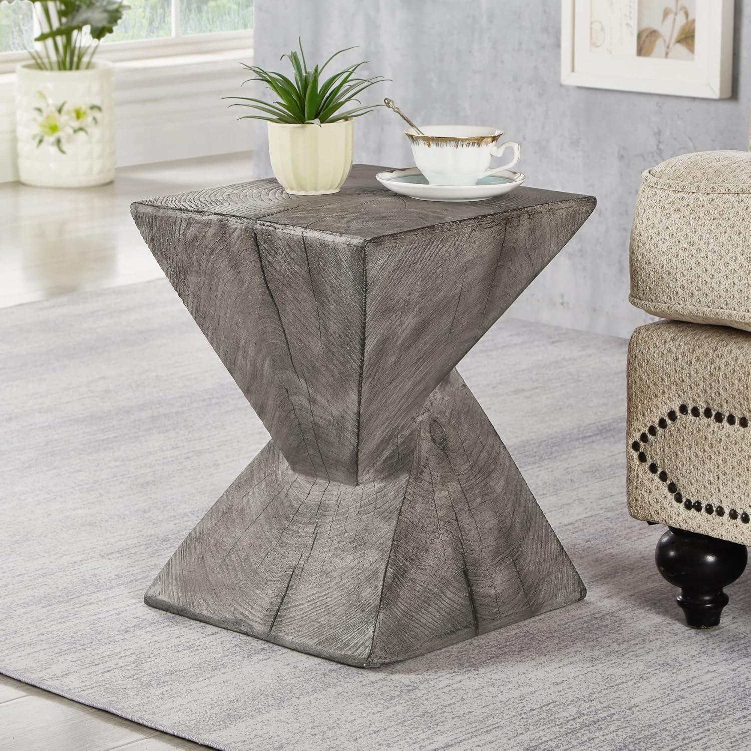 Light Grey Faux Wood Concrete Hourglass End Table