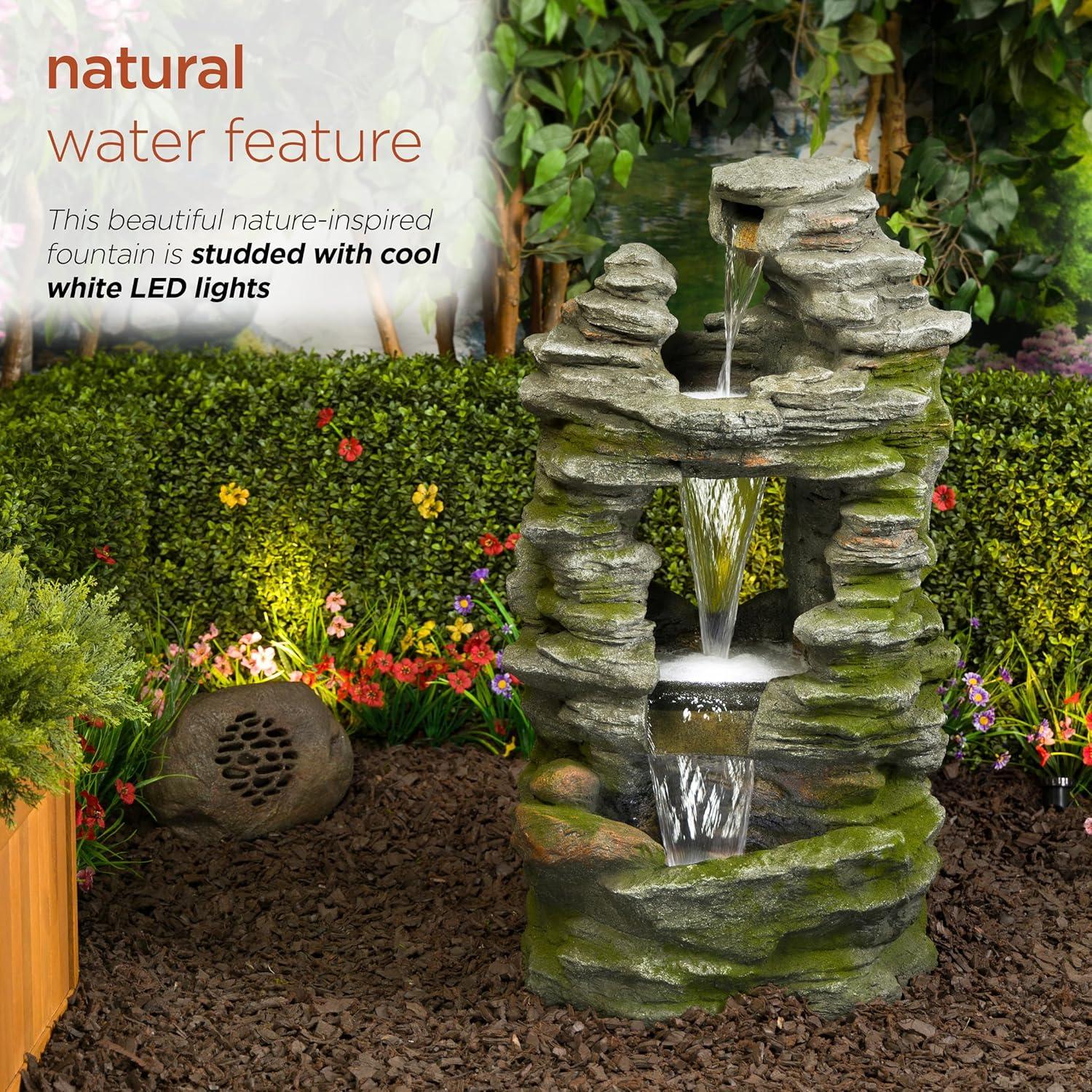 Alpine Corporation 39" Stacked Stone Rainforest Fountain: Polyresin, LED-Lit, Outdoor Decor