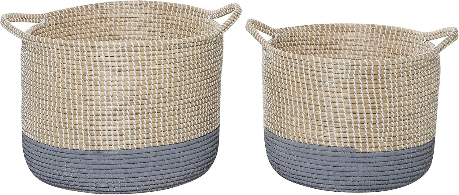 Set of 2 Round Seagrass Storage Baskets with Gray Stripes