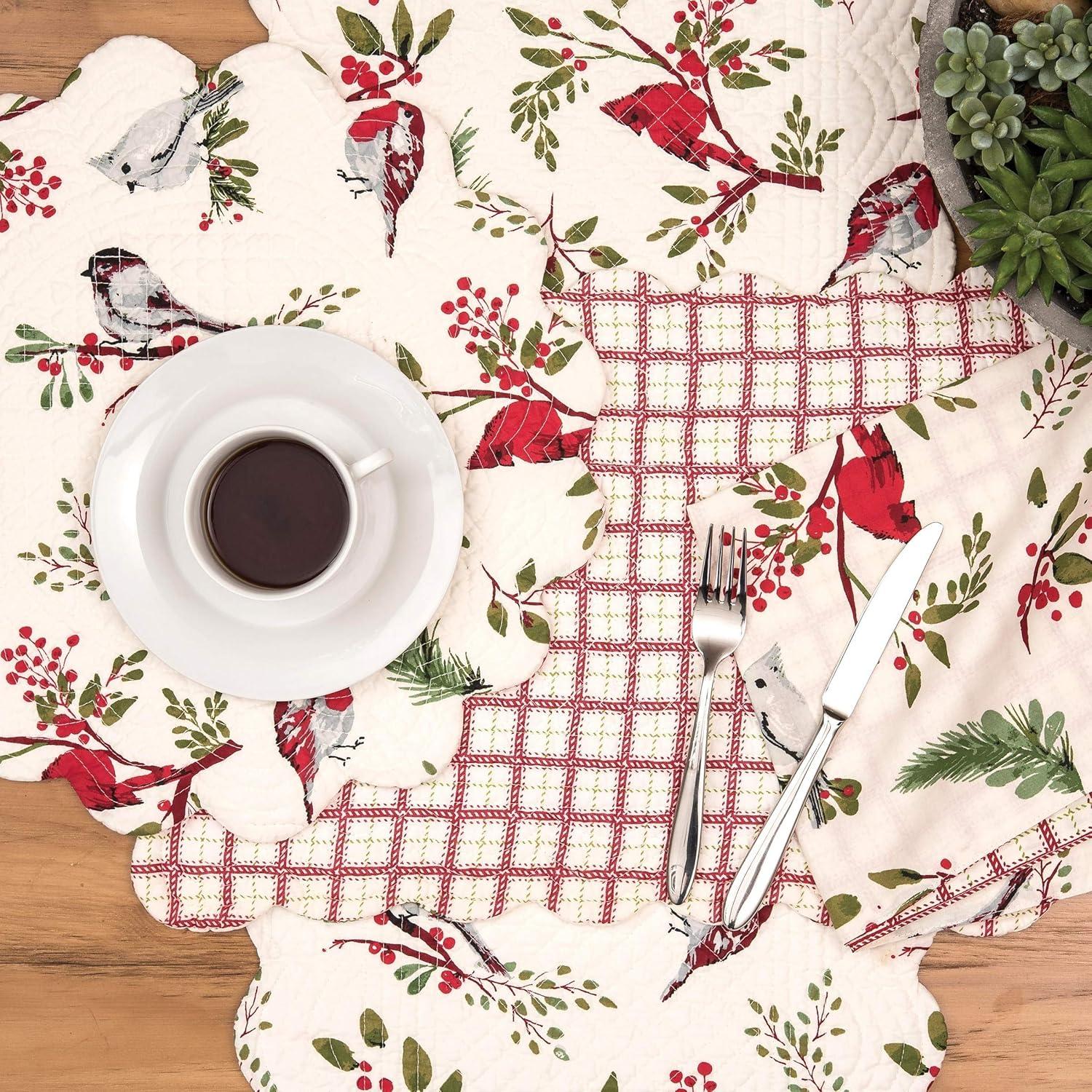 Winter Birds Cotton Table Runner with Holly Sprigs