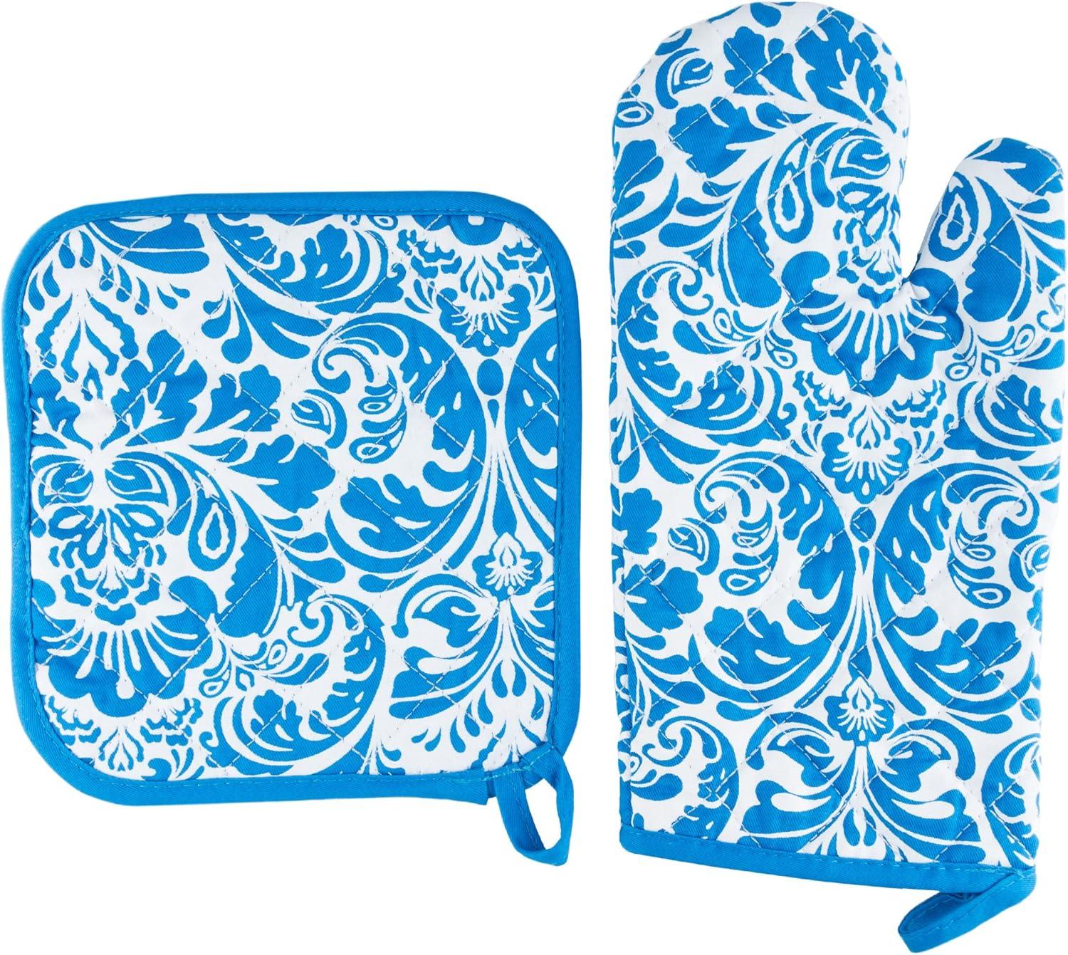 Blue and White Cotton Quilted Oven Mitt and Pot Holder Set