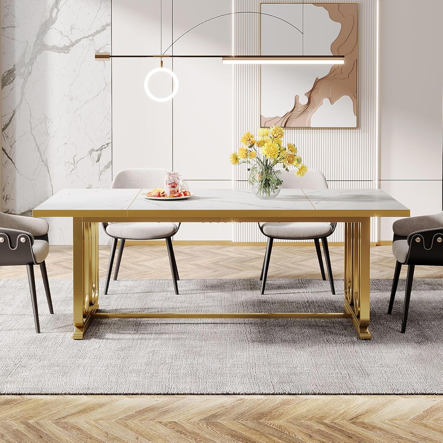 Tribesigns Dining Table for 6-8, 70.87" Rectangle Kitchen Table with Faux Marble Tabletop and Metal Legs for Dining Room