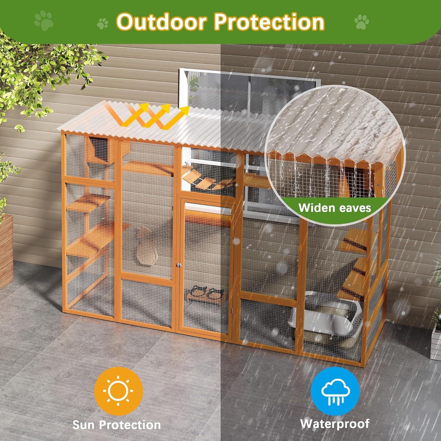 COZIWOW Outdoor Cat Enclosure, Catio Pet Safe House, 104" Extra Large Indoor Window Box with 7 Platforms, Resting Houses, and Walk-In Door, Orange