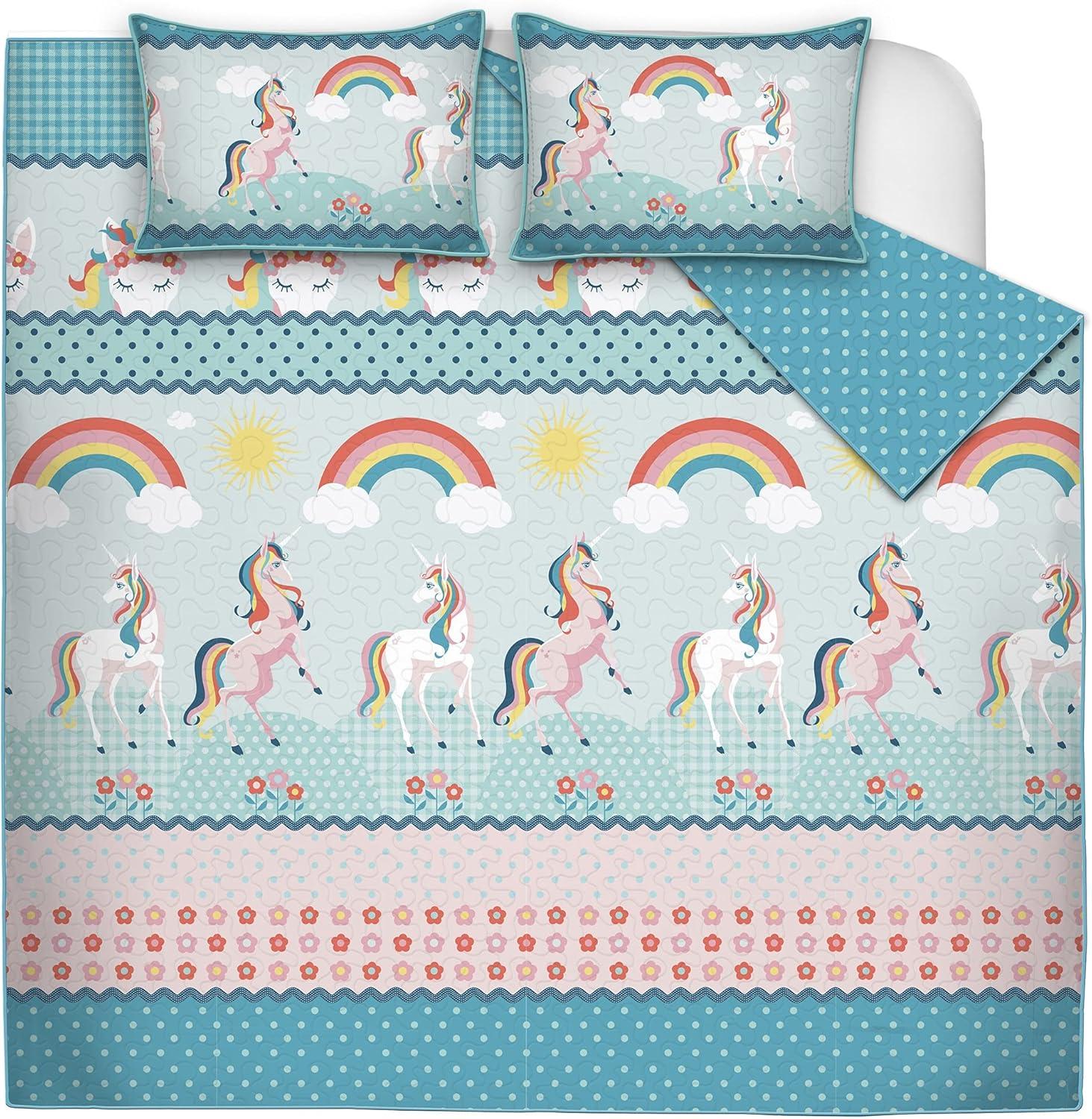 Twin Multicolor Unicorn Microfiber Quilt Set